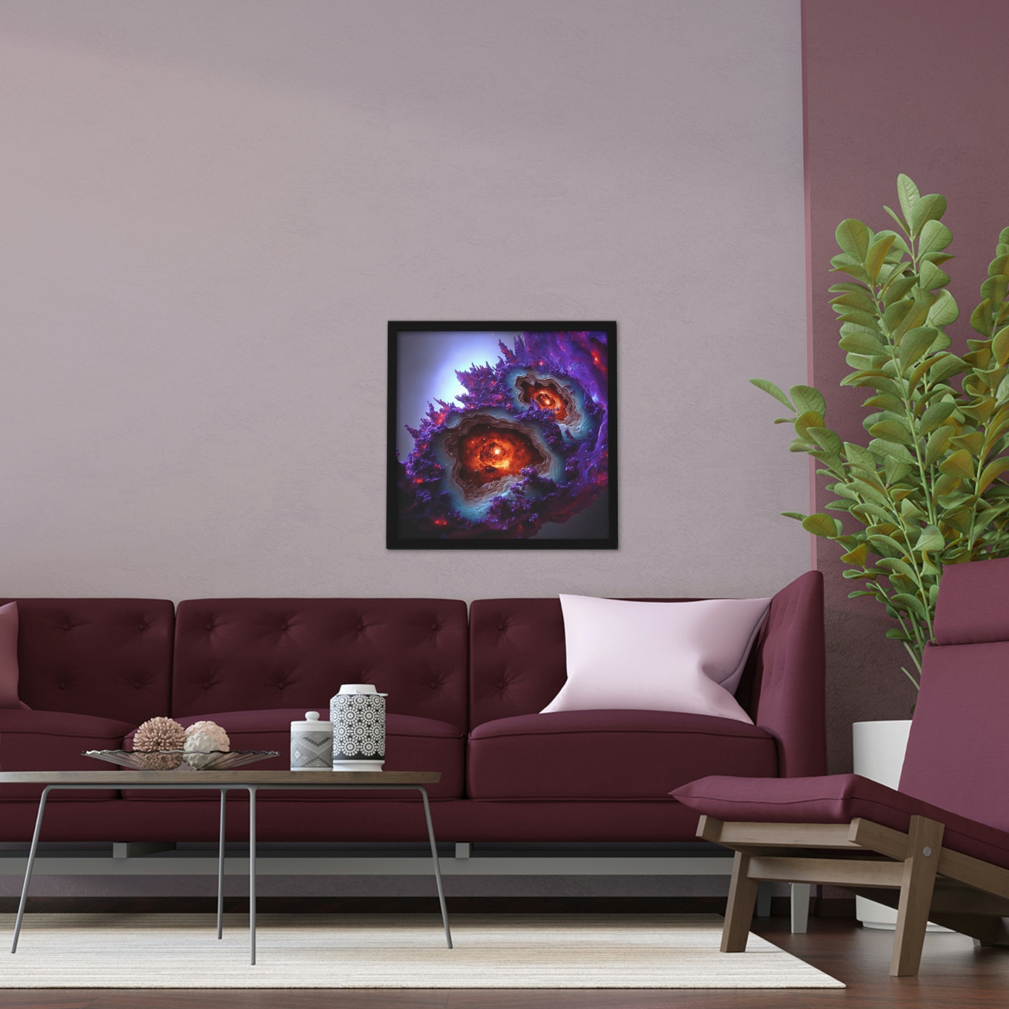 A beautifully framed Galaxy Effects poster showcasing vibrant cosmic colors in a hand-crafted wooden frame.