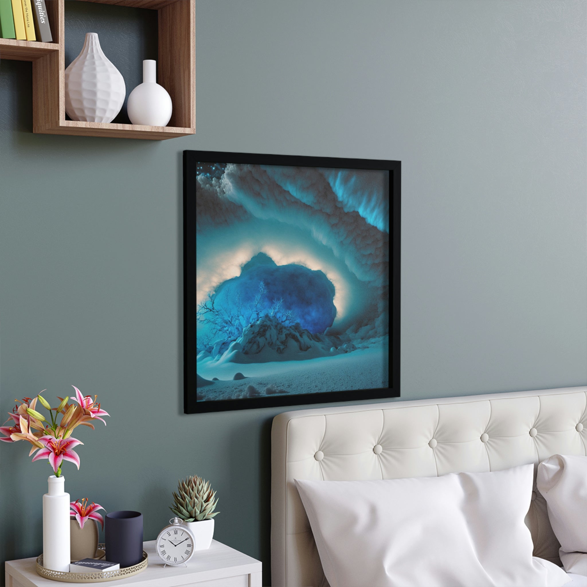A beautifully framed Galaxy Effects poster showcasing vibrant cosmic colors in a hand-crafted wooden frame.