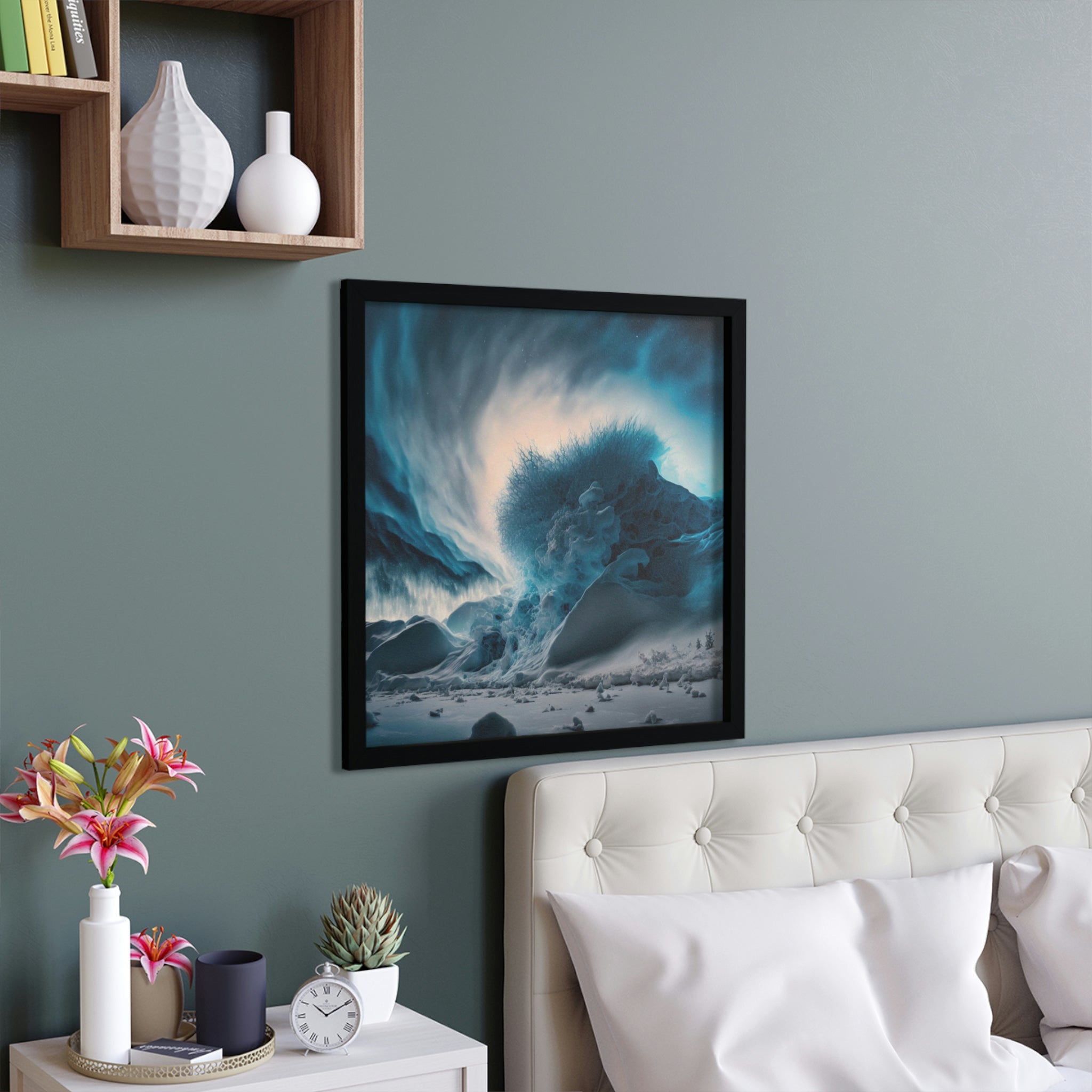 A beautifully framed poster featuring vibrant galaxy effects, showcasing a hand-crafted wooden frame and stunning cosmic colors.