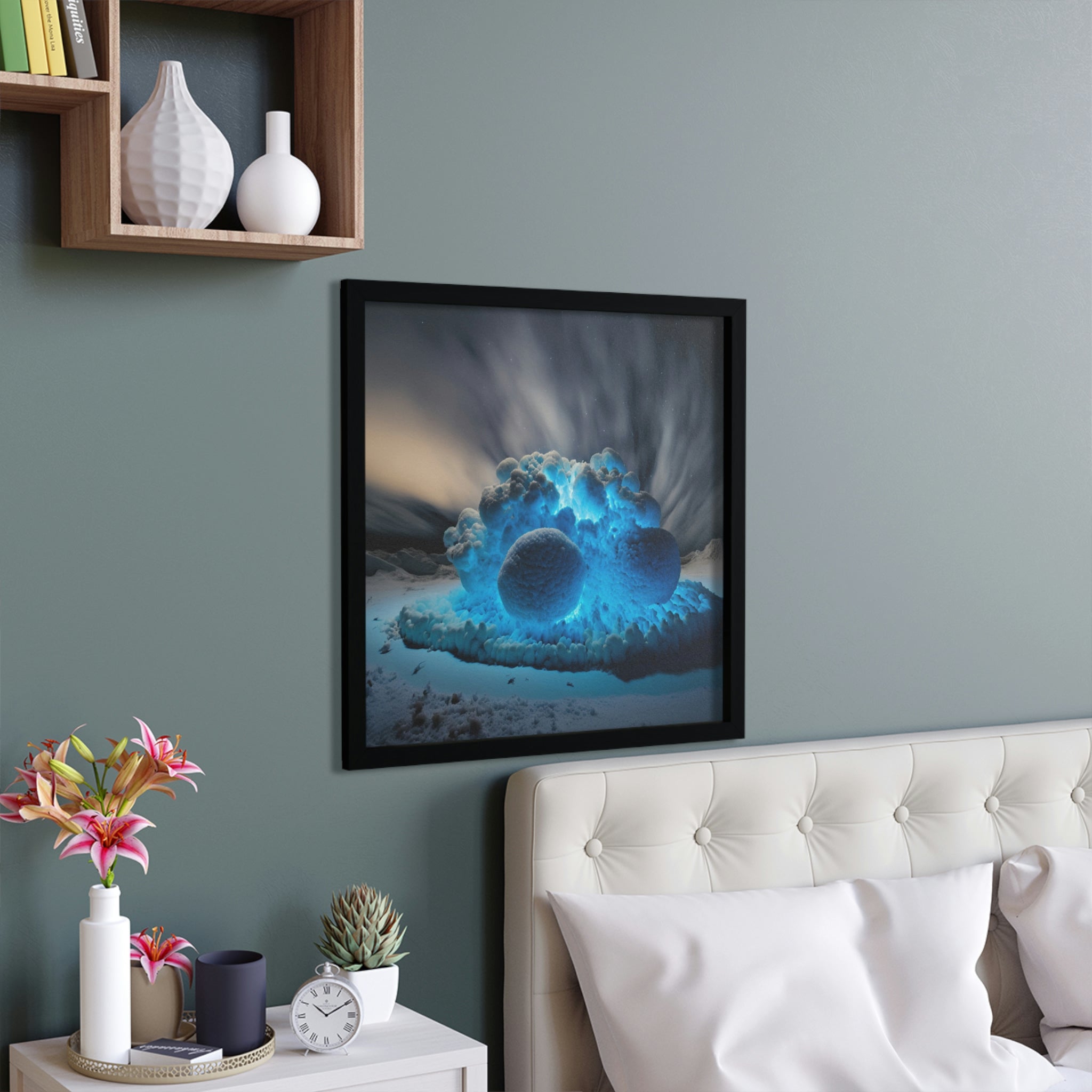Galaxy Effects Framed Poster with a hand-crafted wooden frame showcasing vibrant cosmic colors.