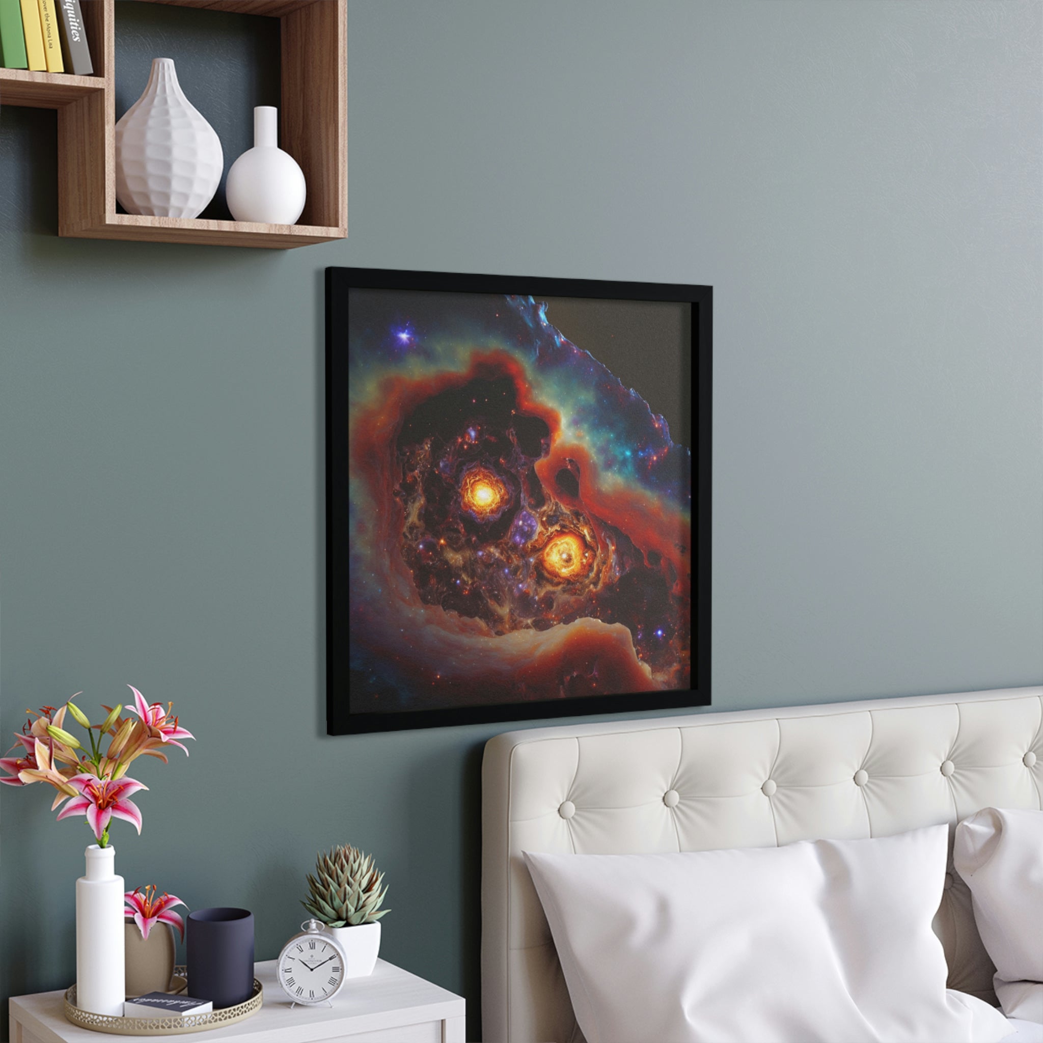 A beautifully framed Galaxy Effects poster showcasing vibrant cosmic colors in a hand-crafted wooden frame, ready to hang.