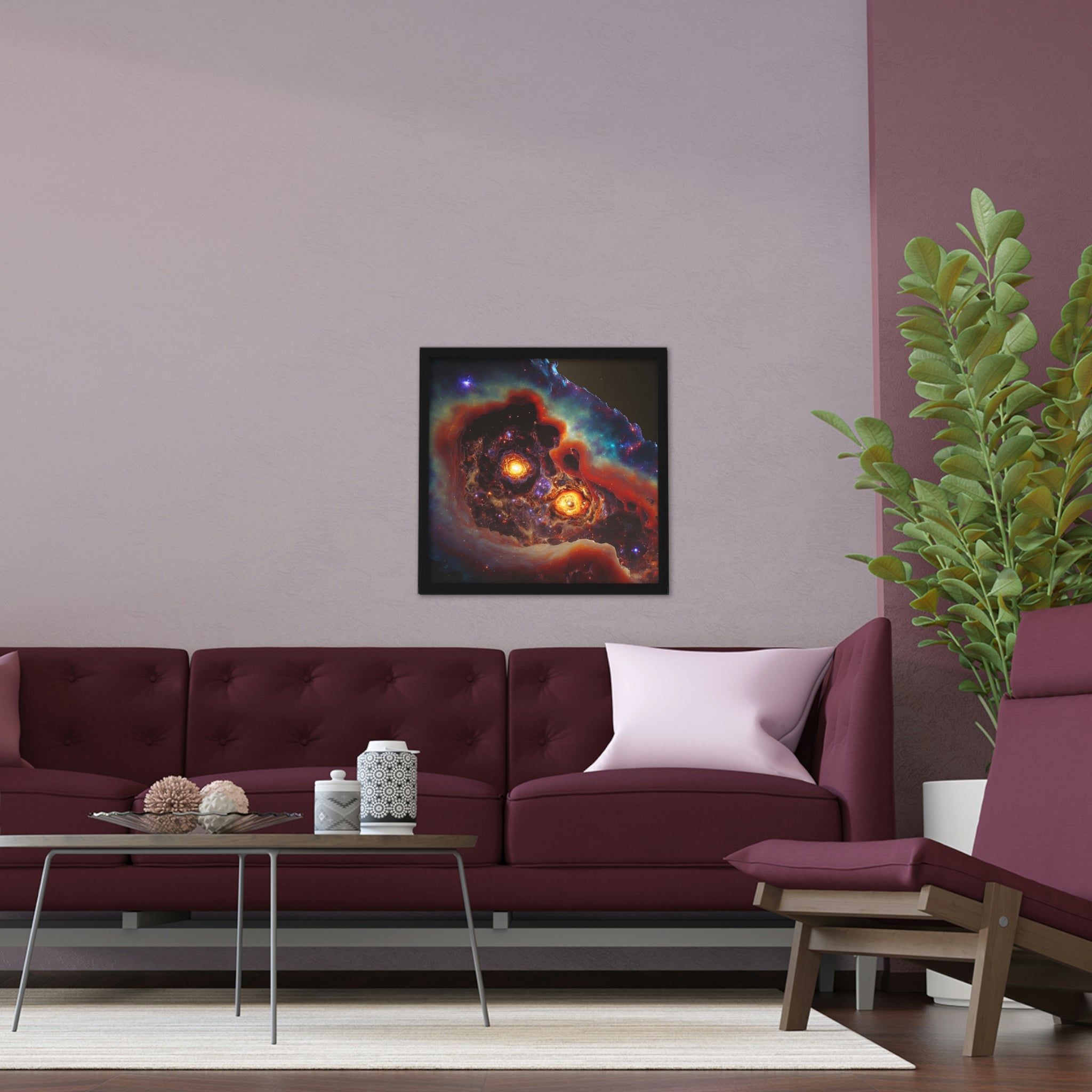 A beautifully framed Galaxy Effects poster showcasing vibrant cosmic colors in a hand-crafted wooden frame, ready to hang.