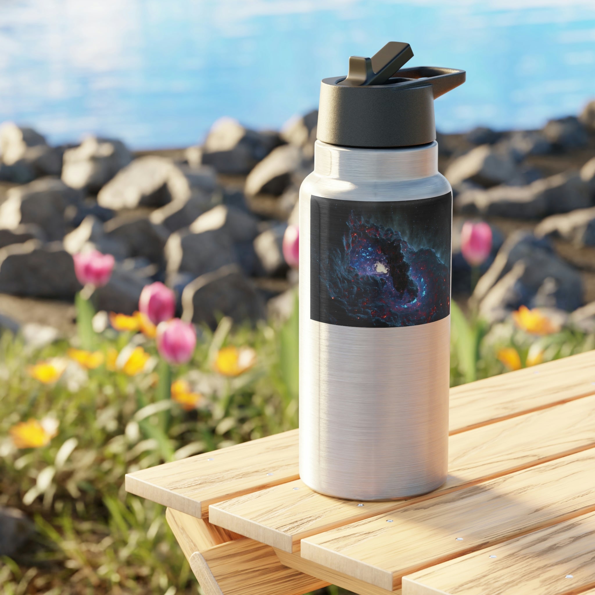 Galaxy Effects Gator Tumbler in stainless steel with a black cap and plastic straw, showcasing a customizable design.