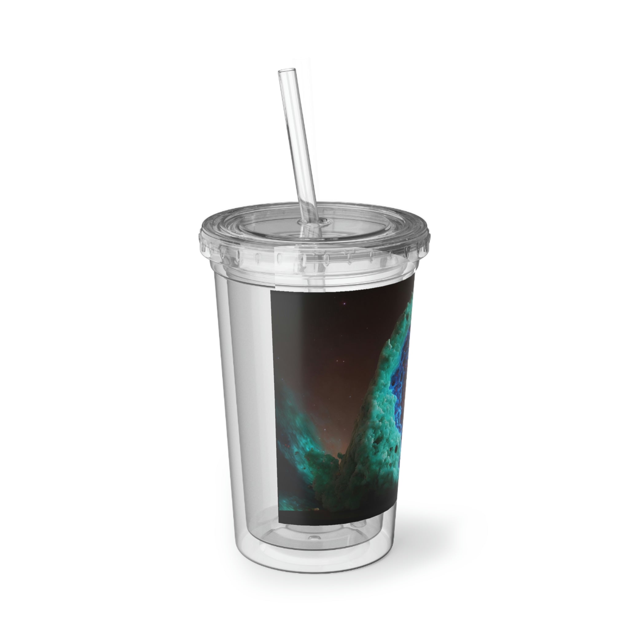 Galaxy Effects Suave Acrylic Cup in stainless steel with a black screw-on cap and plastic straw, showcasing a vibrant custom design.