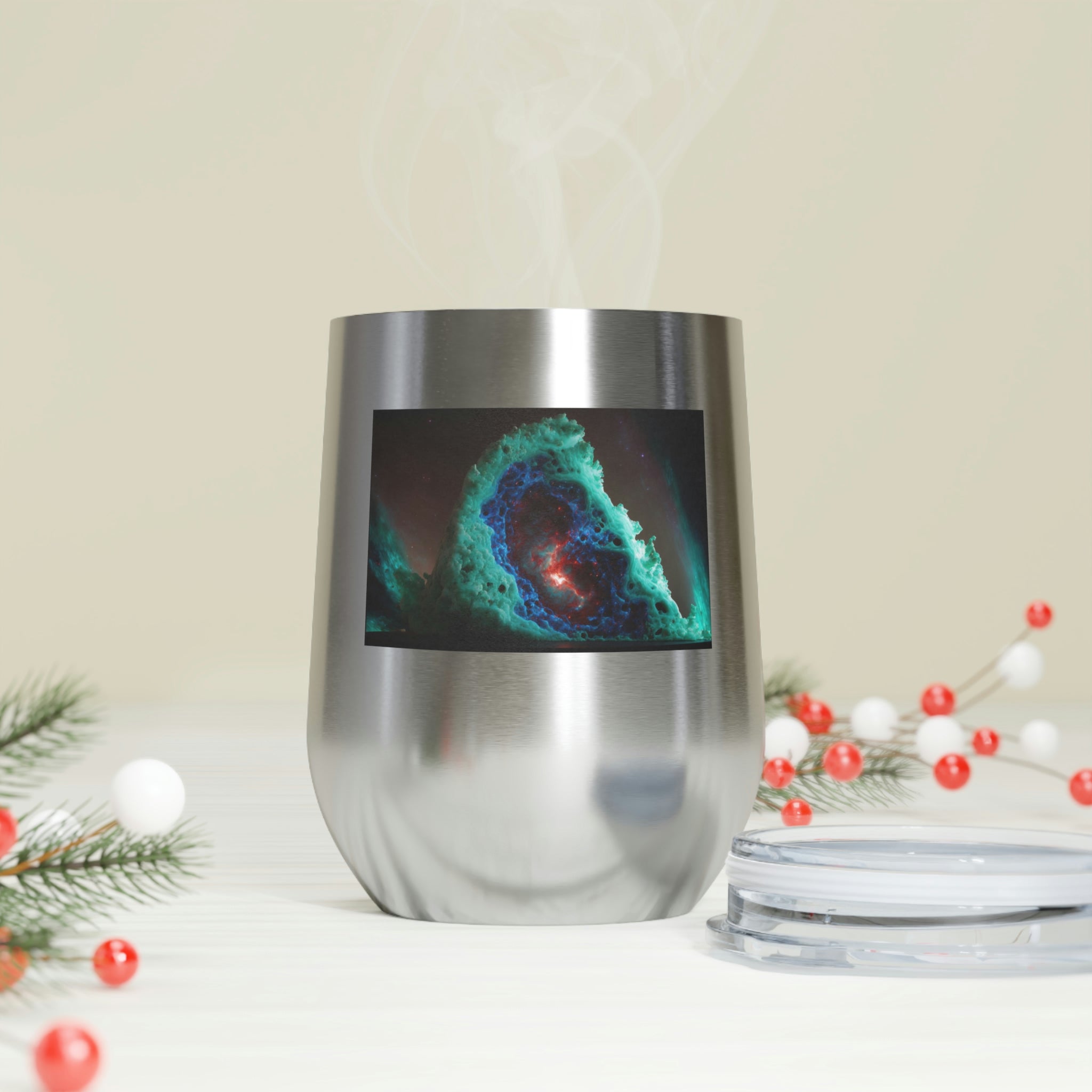 Galaxy Effects Wine Tumbler with vibrant colors and clear lid, perfect for hot and cold beverages.