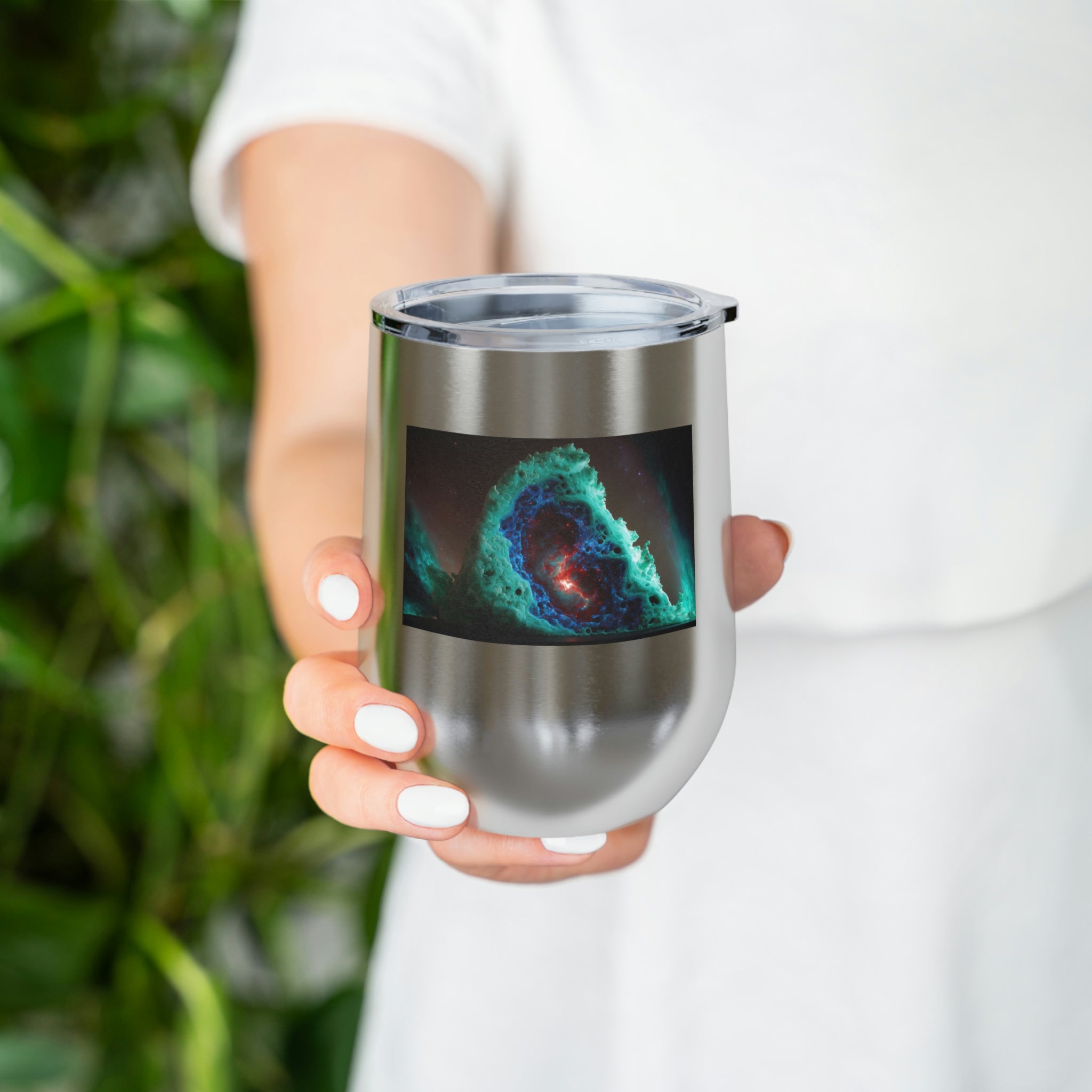 Galaxy Effects Wine Tumbler with vibrant colors and clear lid, perfect for hot and cold beverages.