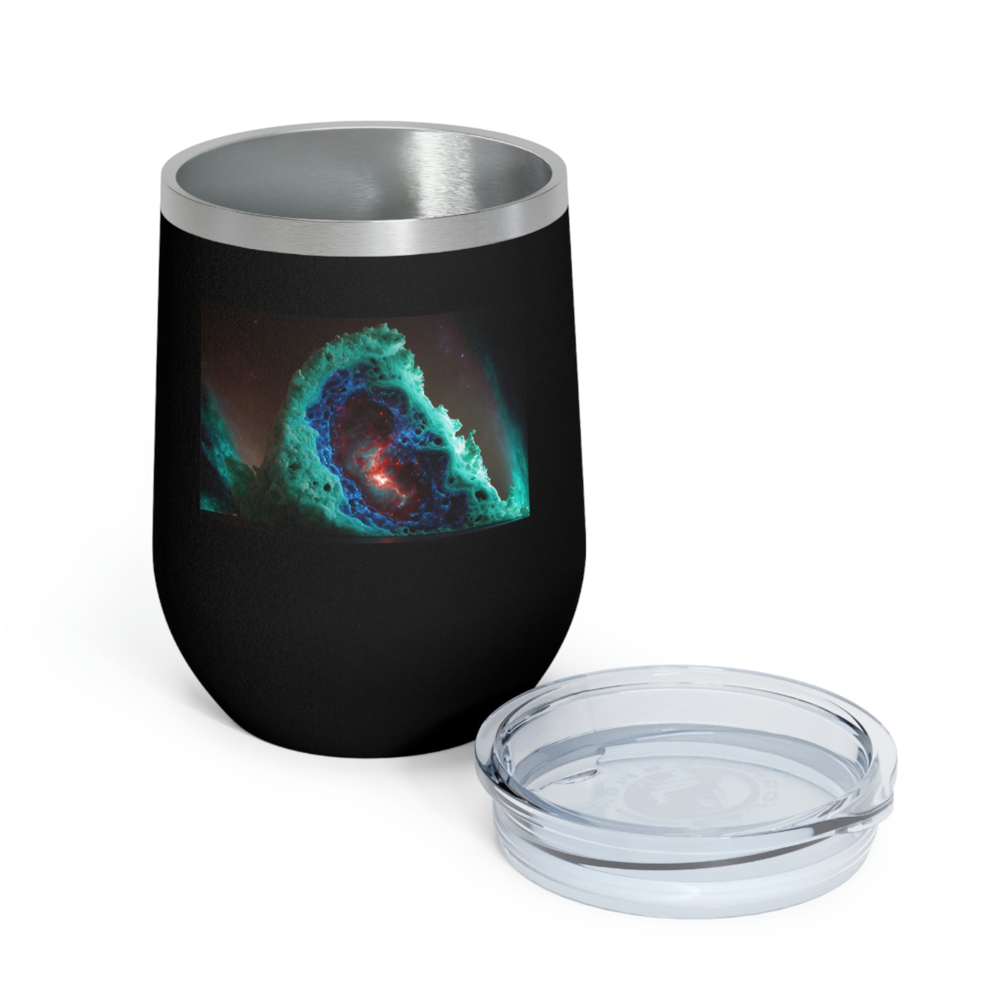 Galaxy Effects Wine Tumbler with vibrant colors and clear lid, perfect for hot and cold beverages.