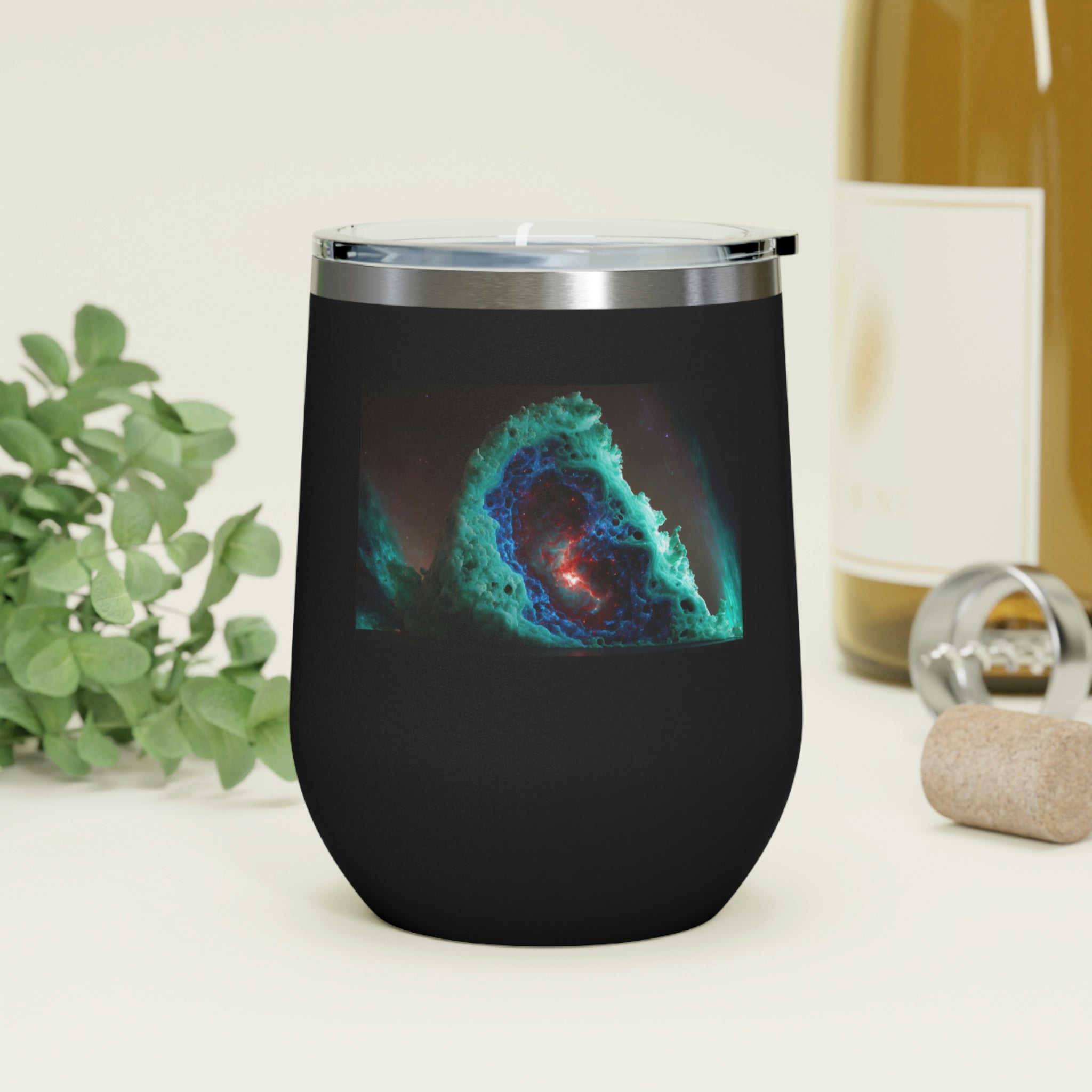 Galaxy Effects Wine Tumbler with vibrant colors and clear lid, perfect for hot and cold beverages.