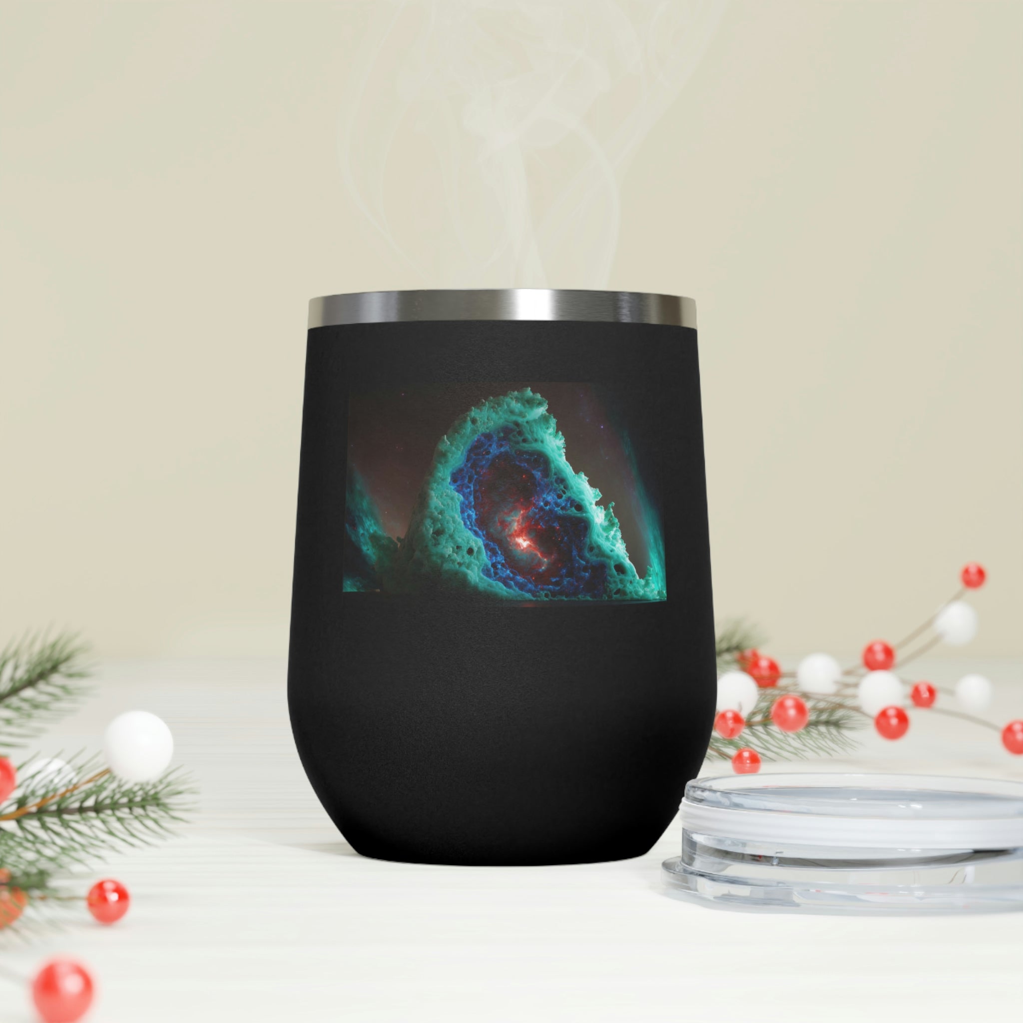 Galaxy Effects Wine Tumbler with vibrant colors and clear lid, perfect for hot and cold beverages.