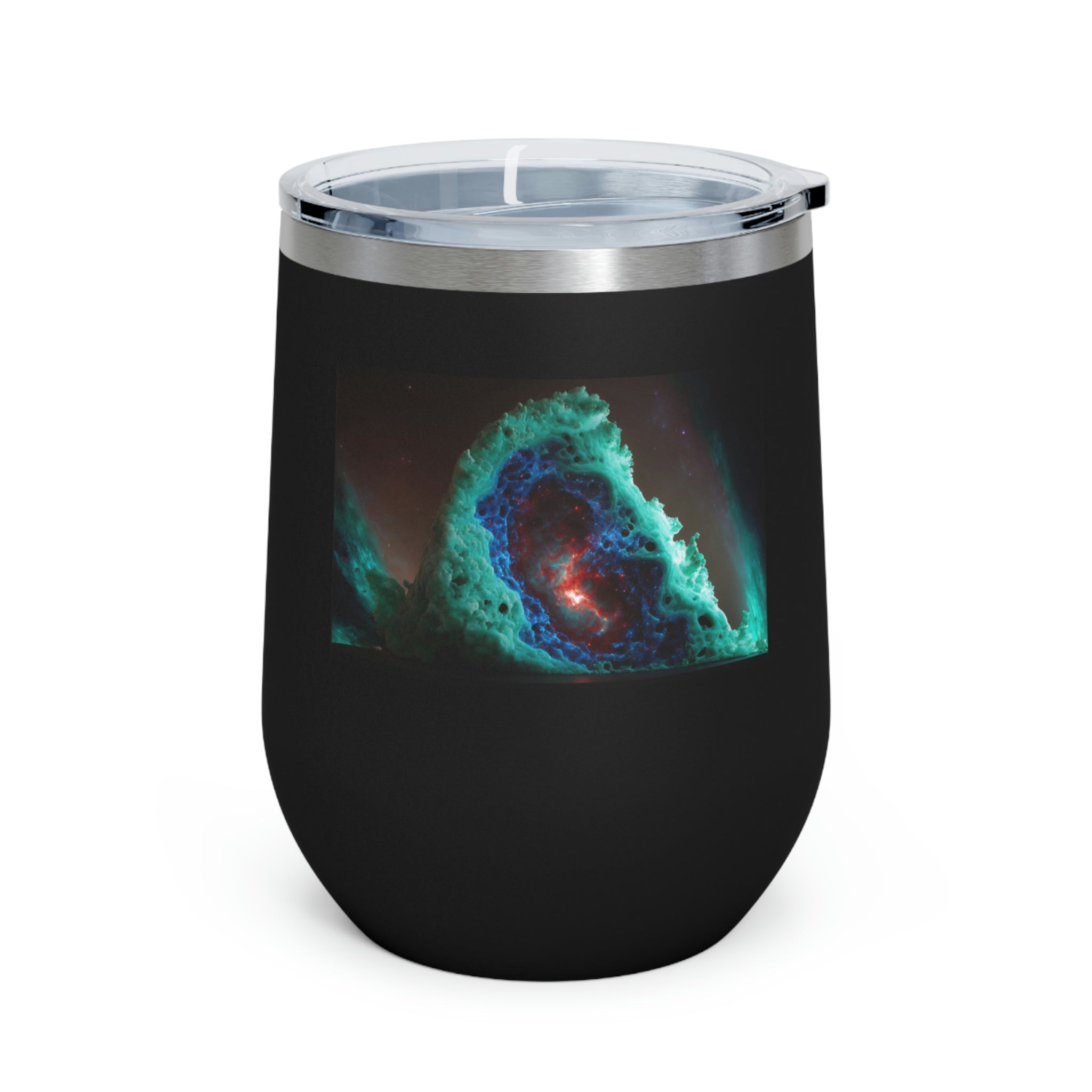 Galaxy Effects Wine Tumbler with vibrant colors and clear lid, perfect for hot and cold beverages.