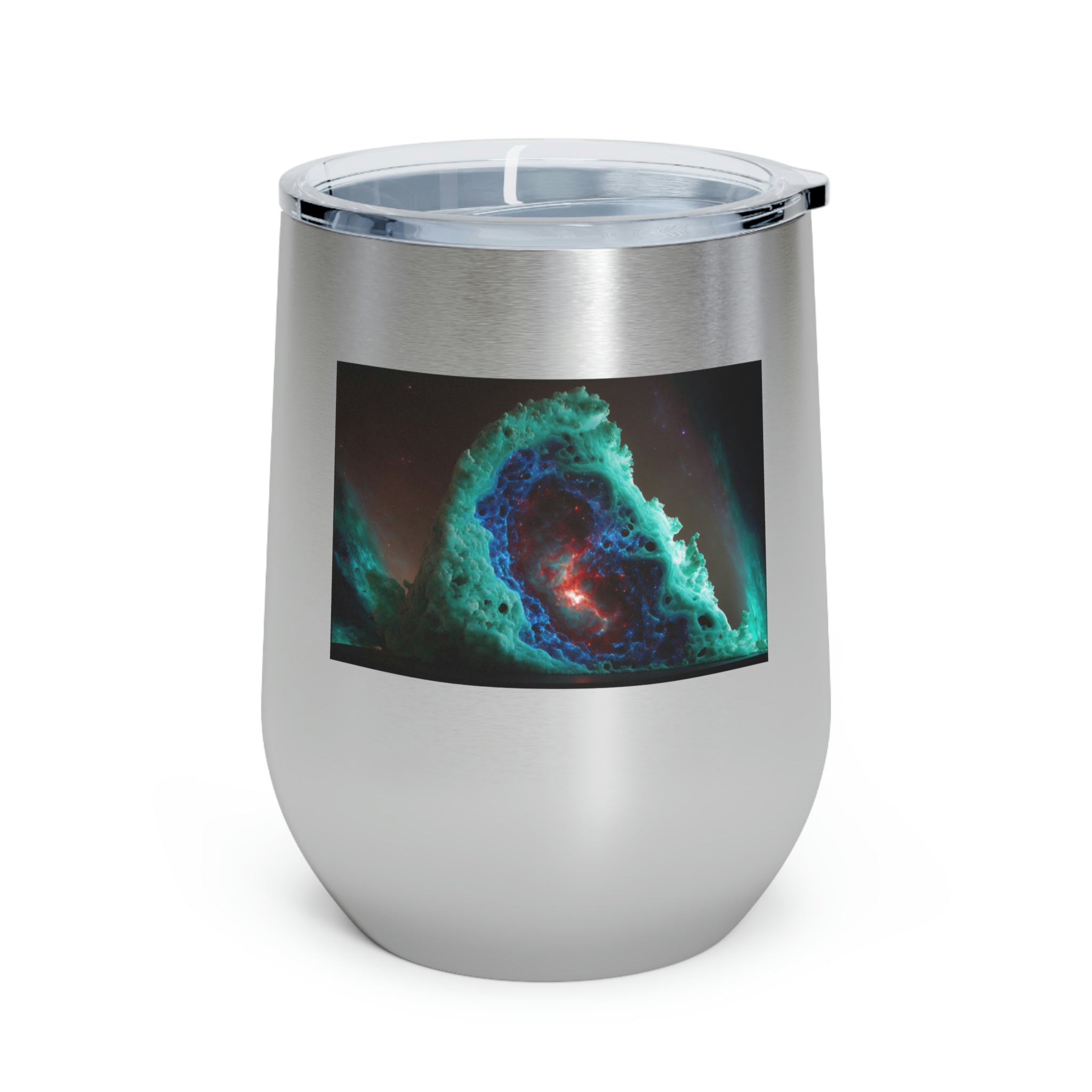 Galaxy Effects Wine Tumbler with vibrant colors and clear lid, perfect for hot and cold beverages.