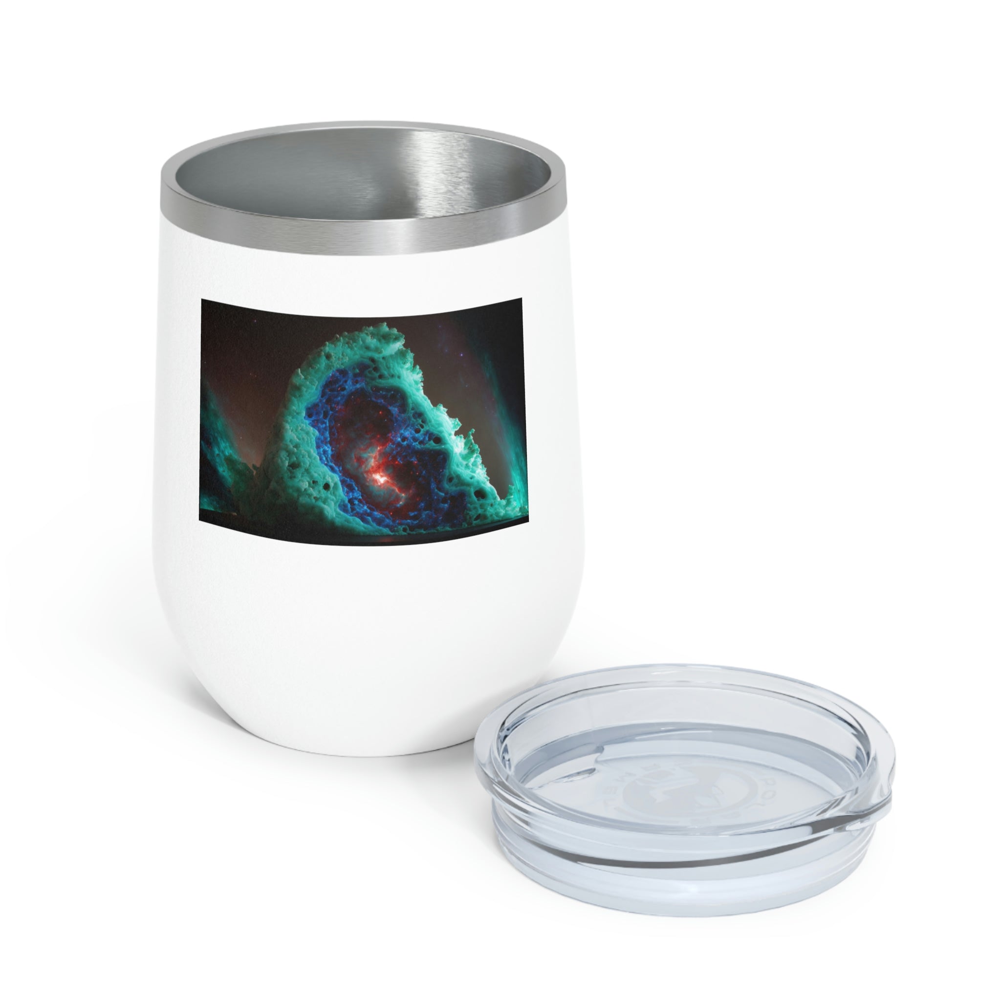 Galaxy Effects Wine Tumbler with vibrant colors and clear lid, perfect for hot and cold beverages.