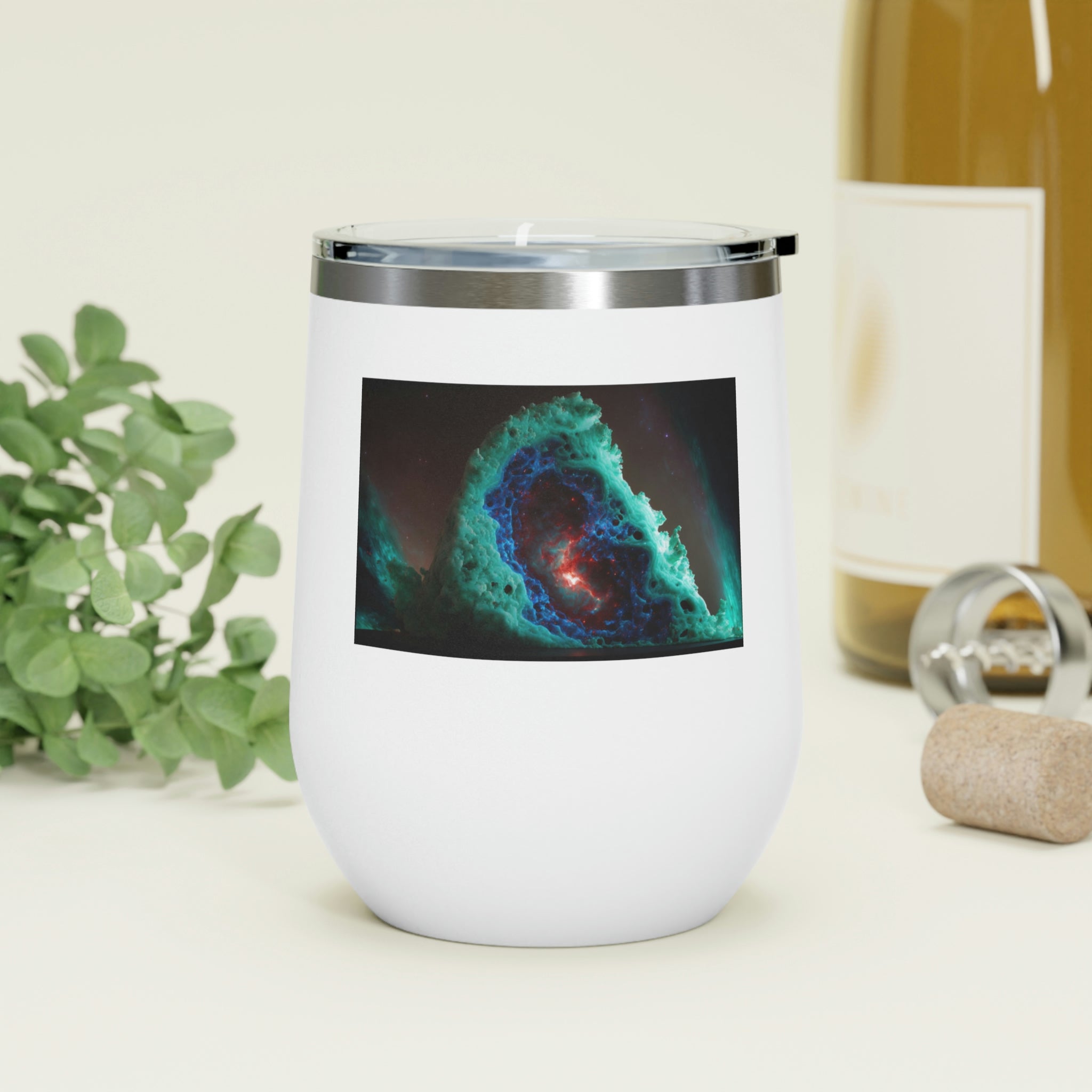 Galaxy Effects Wine Tumbler with vibrant colors and clear lid, perfect for hot and cold beverages.