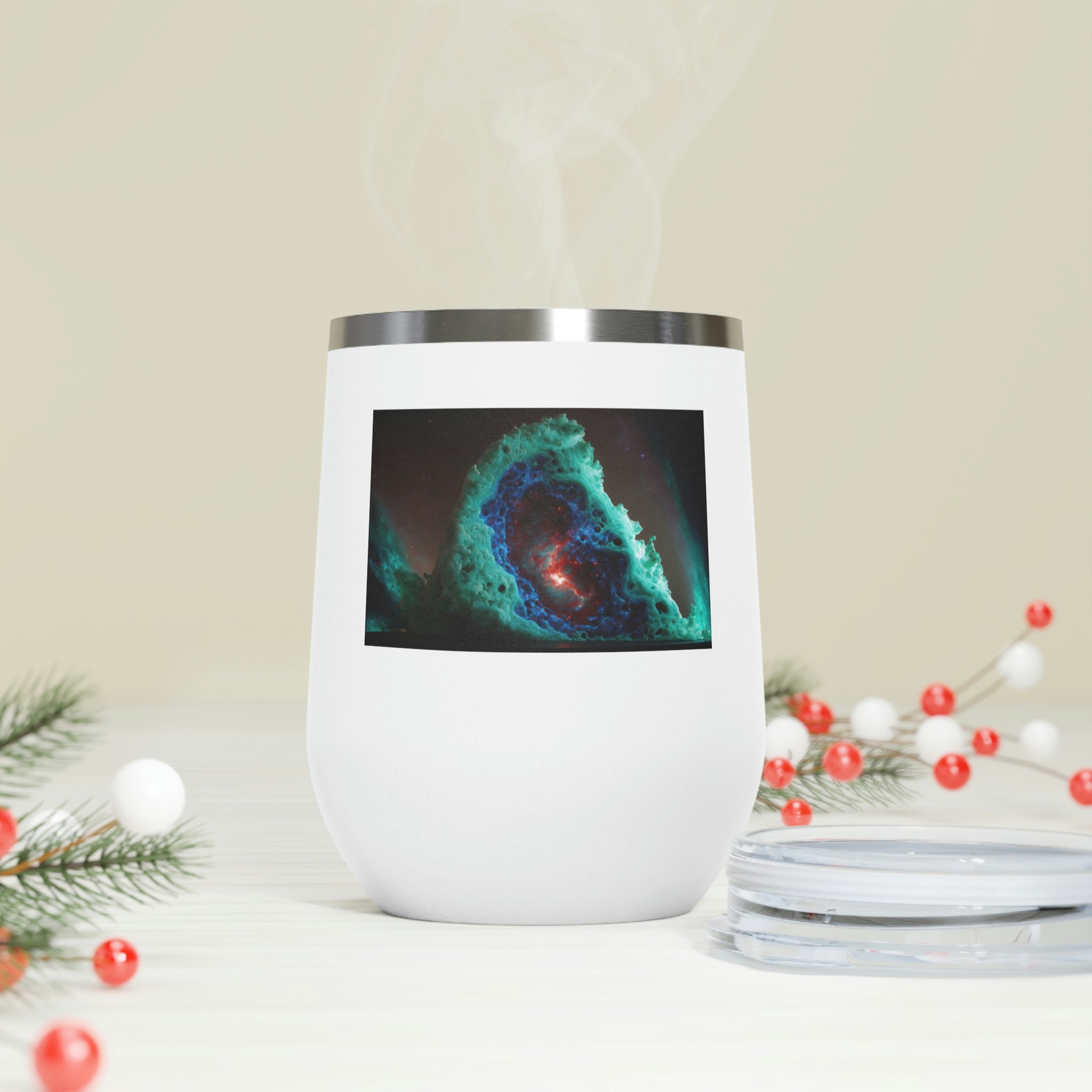 Galaxy Effects Wine Tumbler with vibrant colors and clear lid, perfect for hot and cold beverages.