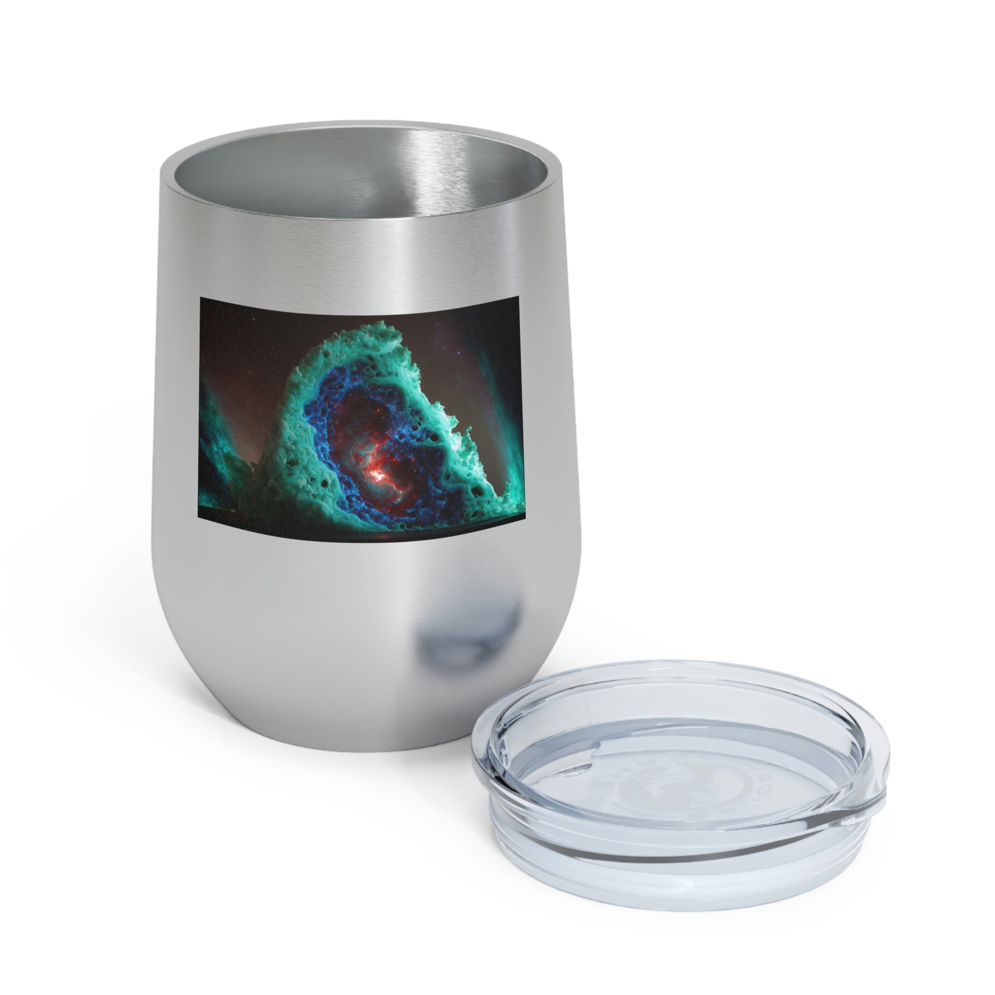 Galaxy Effects Wine Tumbler with vibrant colors and clear lid, perfect for hot and cold beverages.
