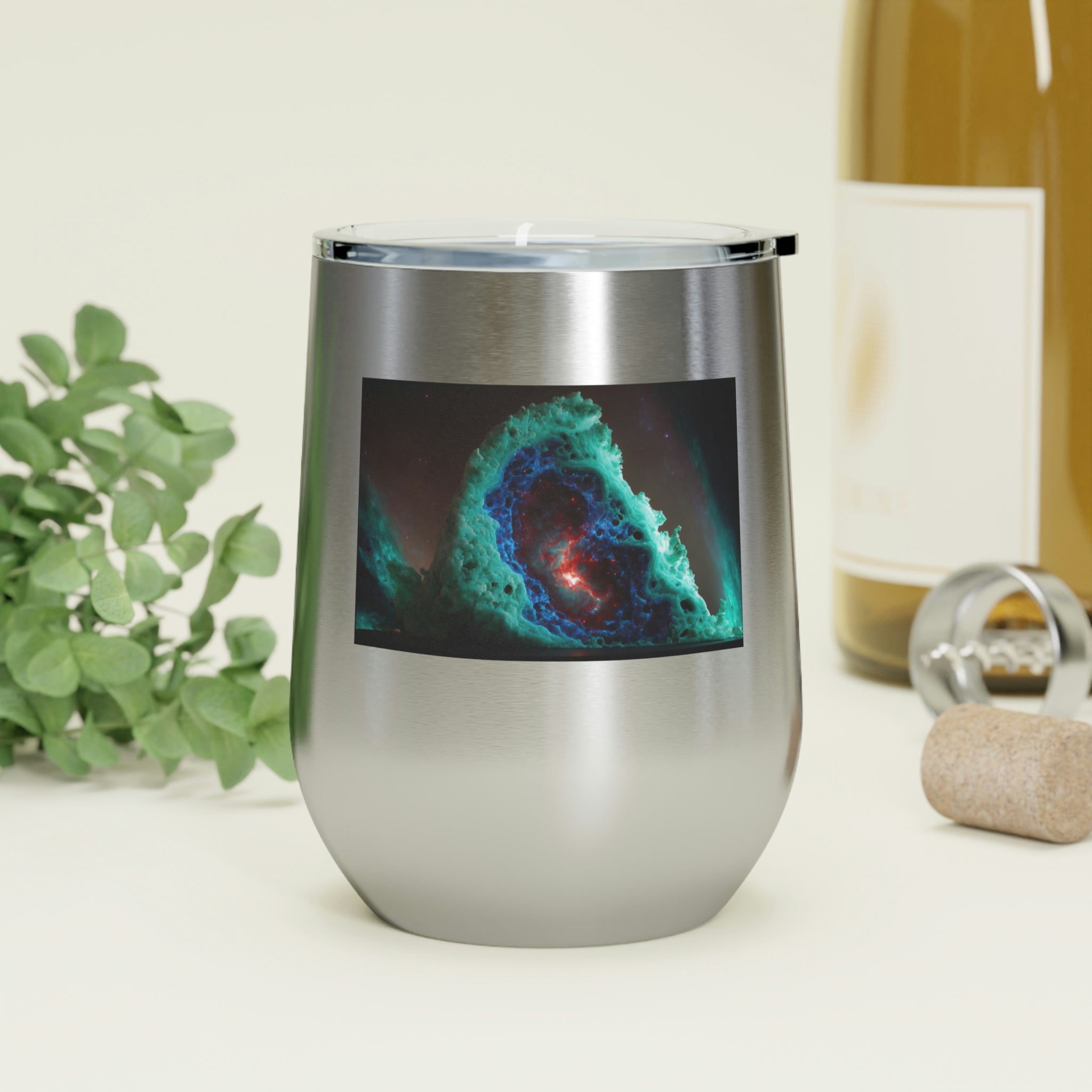 Galaxy Effects Wine Tumbler with vibrant colors and clear lid, perfect for hot and cold beverages.