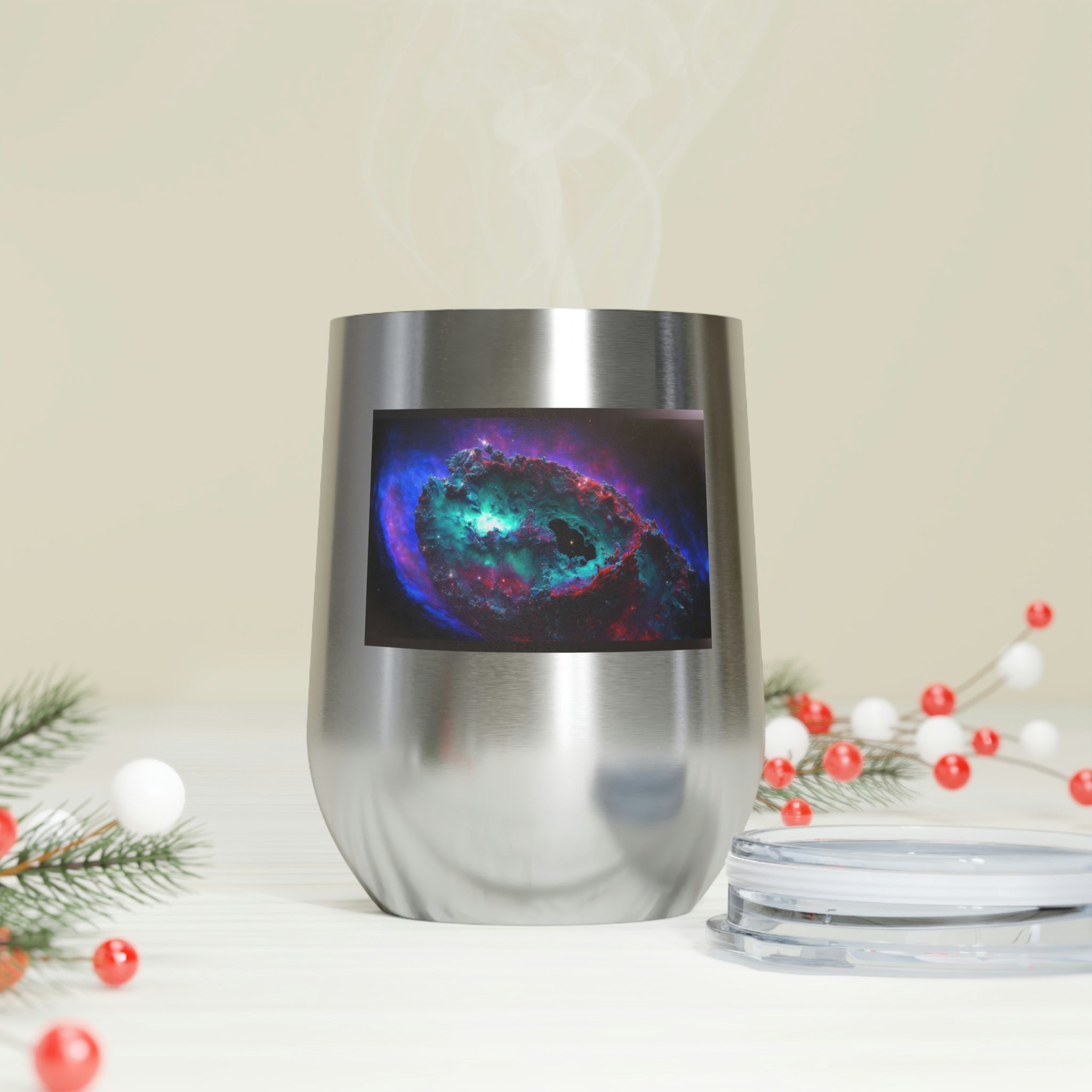 Galaxy Effects Wine Tumbler with a stunning galaxy design, featuring a clear plastic lid and double-wall insulation for hot and cold beverages.