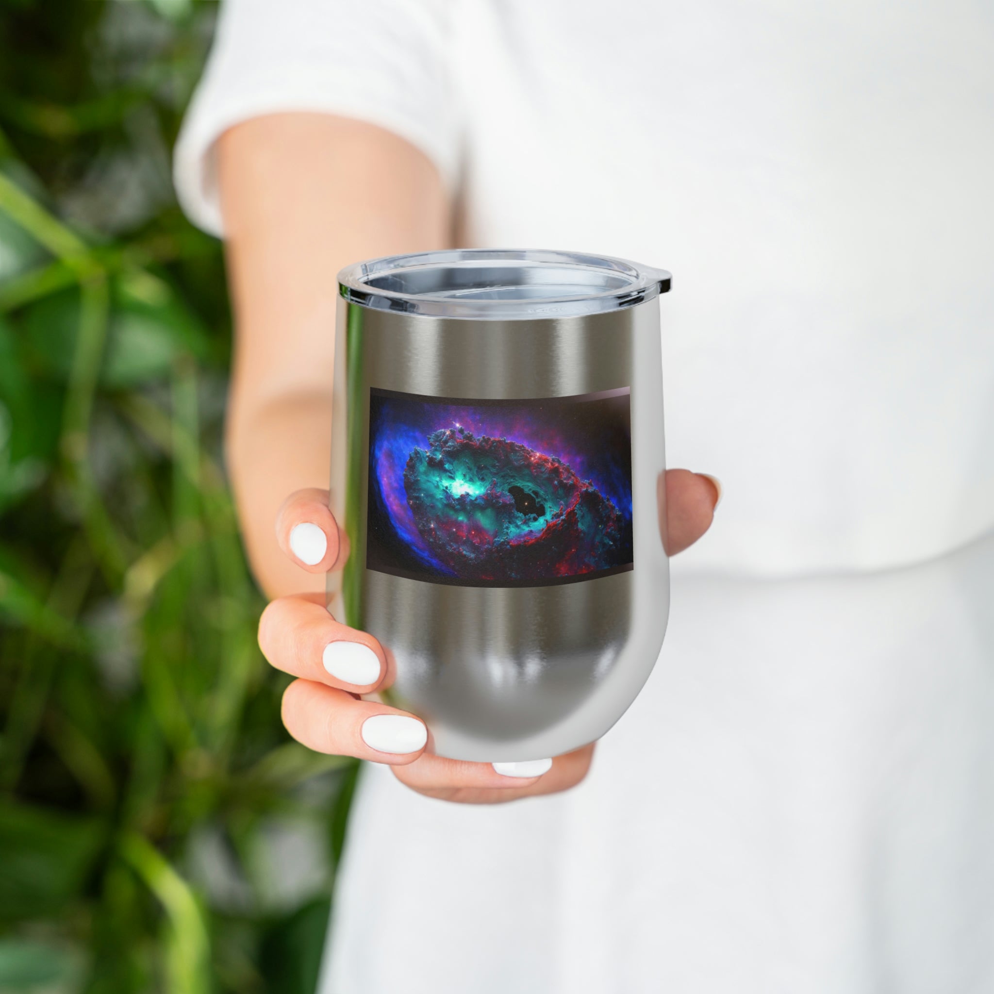 Galaxy Effects Wine Tumbler with a stunning galaxy design, featuring a clear plastic lid and double-wall insulation for hot and cold beverages.