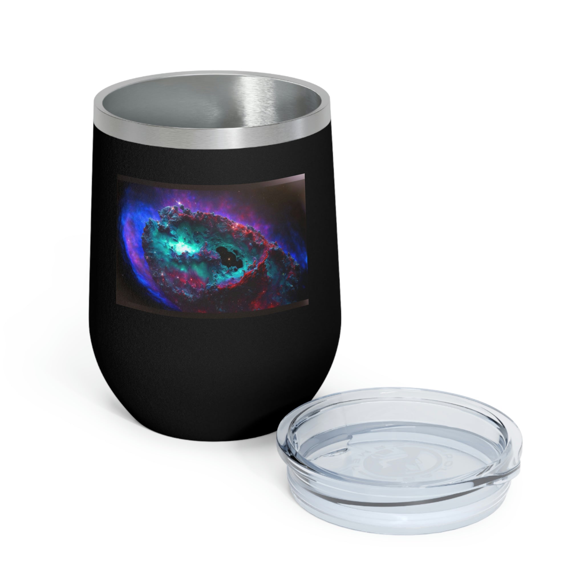 Galaxy Effects Wine Tumbler with a stunning galaxy design, featuring a clear plastic lid and double-wall insulation for hot and cold beverages.