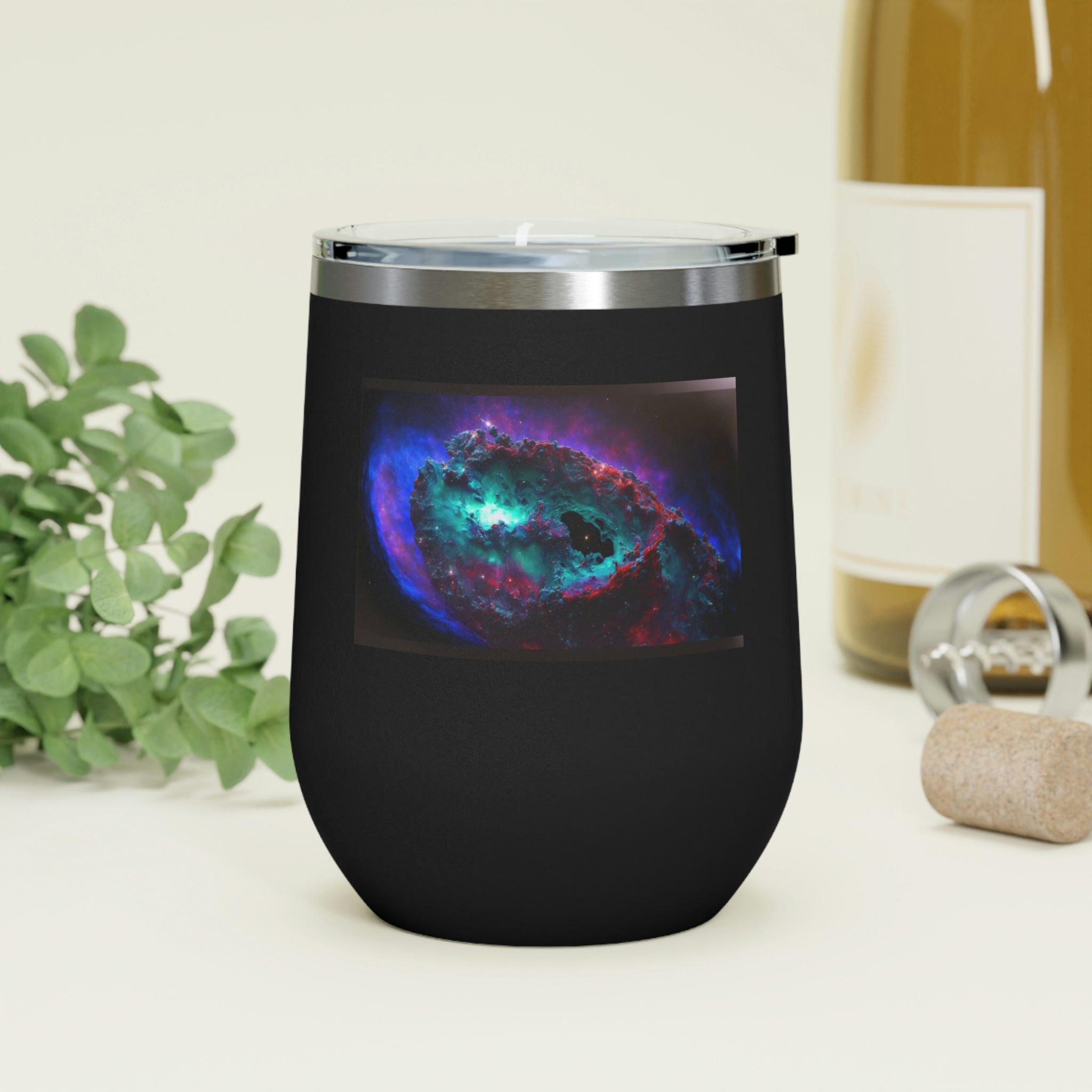Galaxy Effects Wine Tumbler with a stunning galaxy design, featuring a clear plastic lid and double-wall insulation for hot and cold beverages.