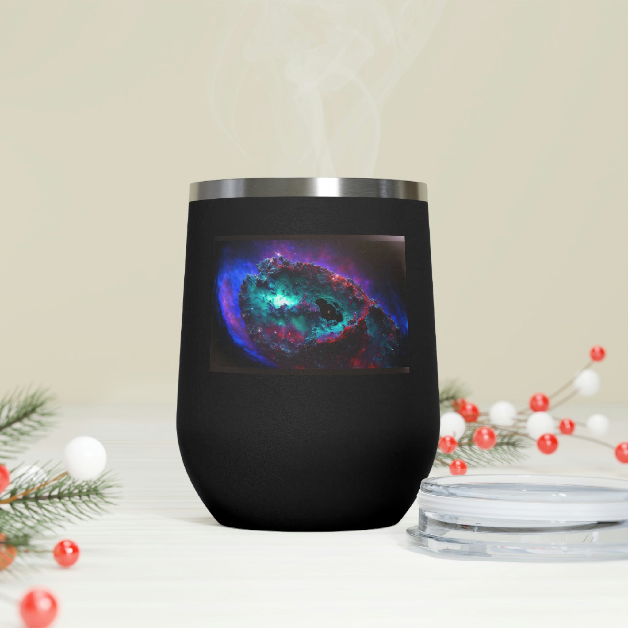 Galaxy Effects Wine Tumbler with a stunning galaxy design, featuring a clear plastic lid and double-wall insulation for hot and cold beverages.