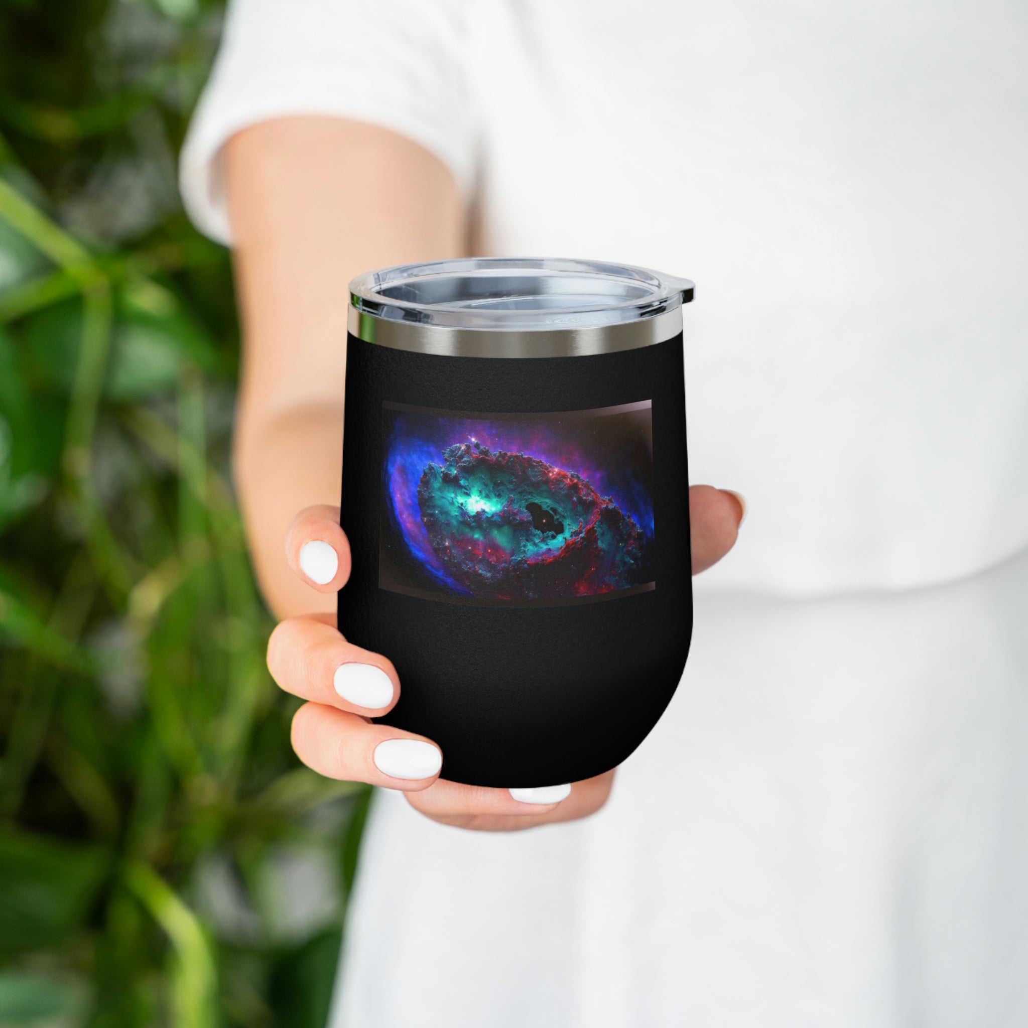 Galaxy Effects Wine Tumbler with a stunning galaxy design, featuring a clear plastic lid and double-wall insulation for hot and cold beverages.