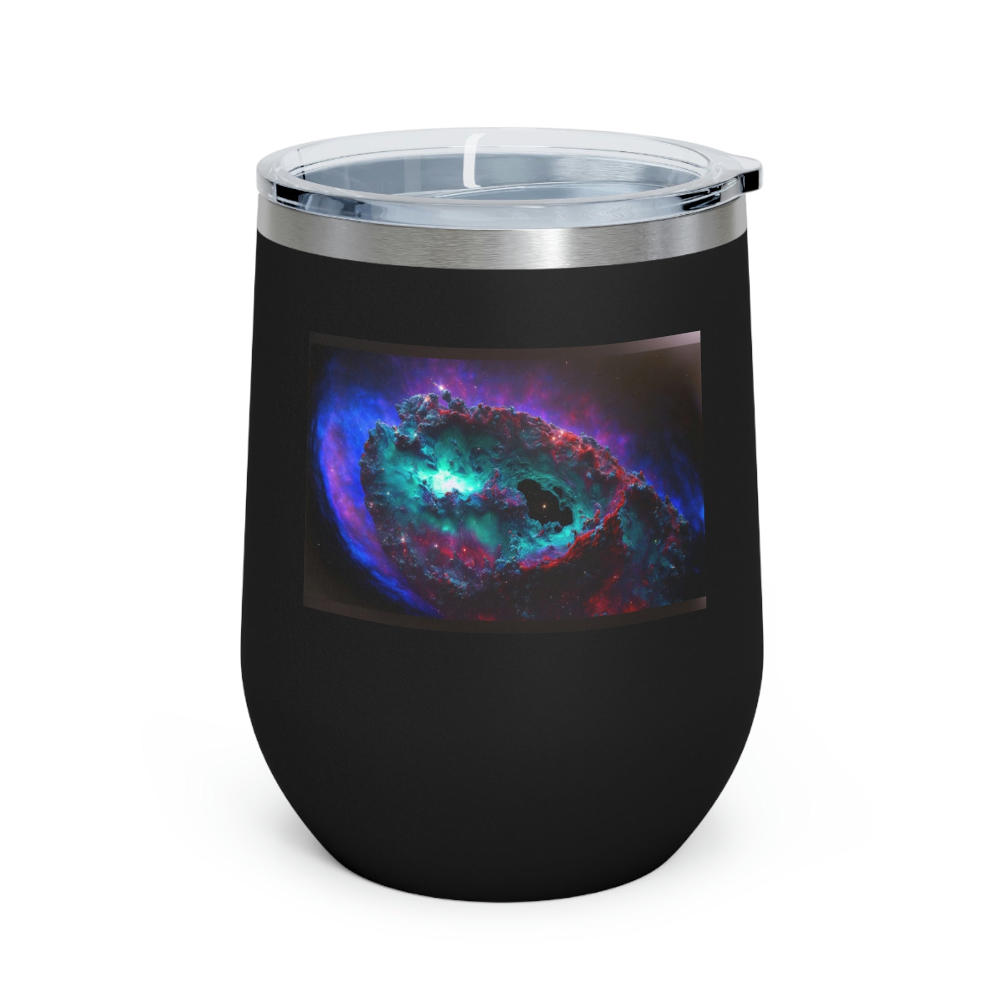 Galaxy Effects Wine Tumbler with a stunning galaxy design, featuring a clear plastic lid and double-wall insulation for hot and cold beverages.