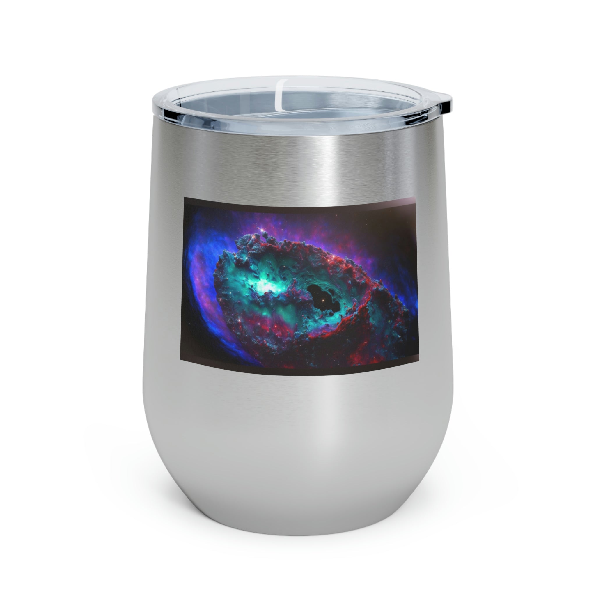 Galaxy Effects Wine Tumbler with a stunning galaxy design, featuring a clear plastic lid and double-wall insulation for hot and cold beverages.