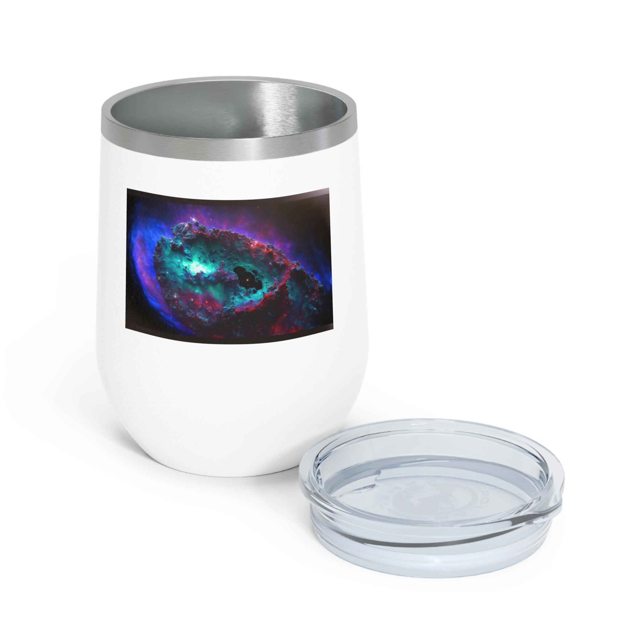 Galaxy Effects Wine Tumbler with a stunning galaxy design, featuring a clear plastic lid and double-wall insulation for hot and cold beverages.