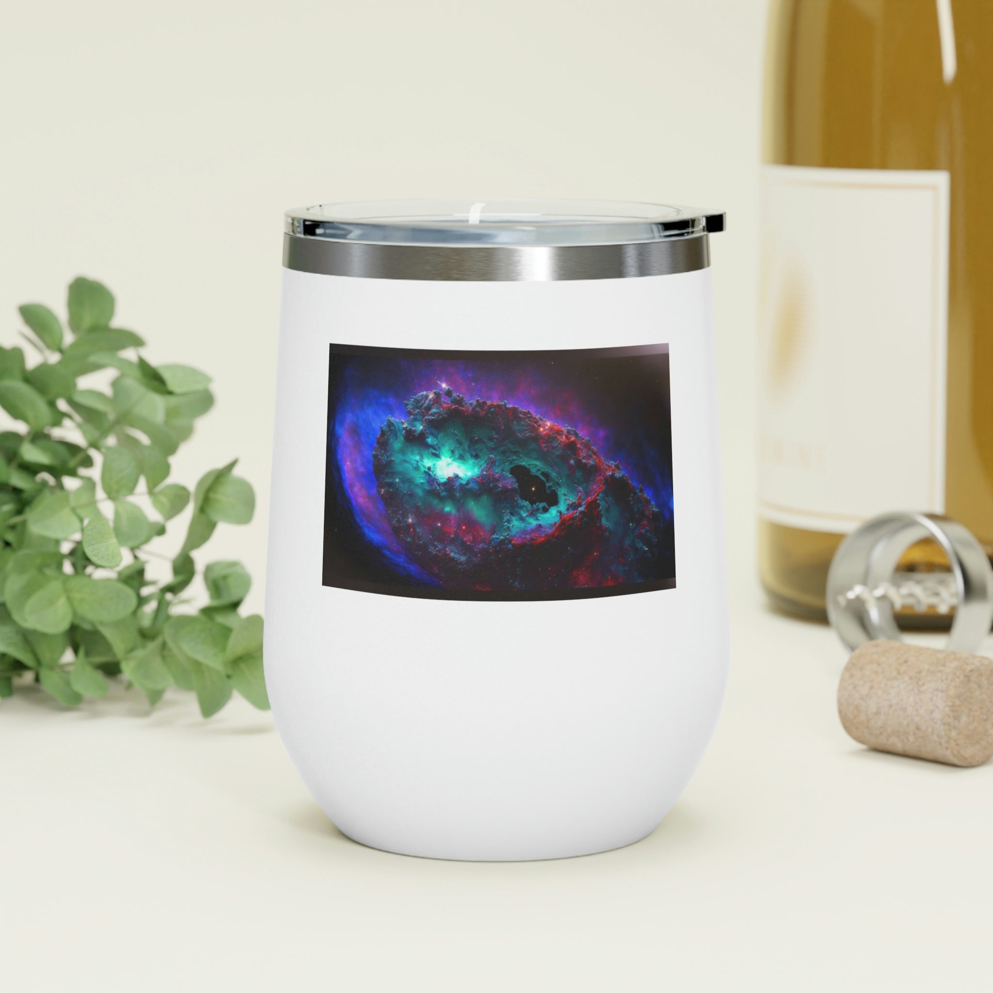 Galaxy Effects Wine Tumbler with a stunning galaxy design, featuring a clear plastic lid and double-wall insulation for hot and cold beverages.