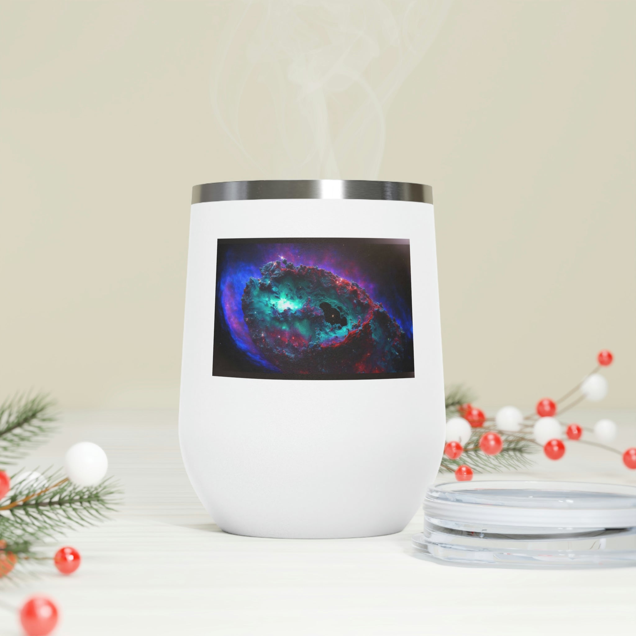 Galaxy Effects Wine Tumbler with a stunning galaxy design, featuring a clear plastic lid and double-wall insulation for hot and cold beverages.