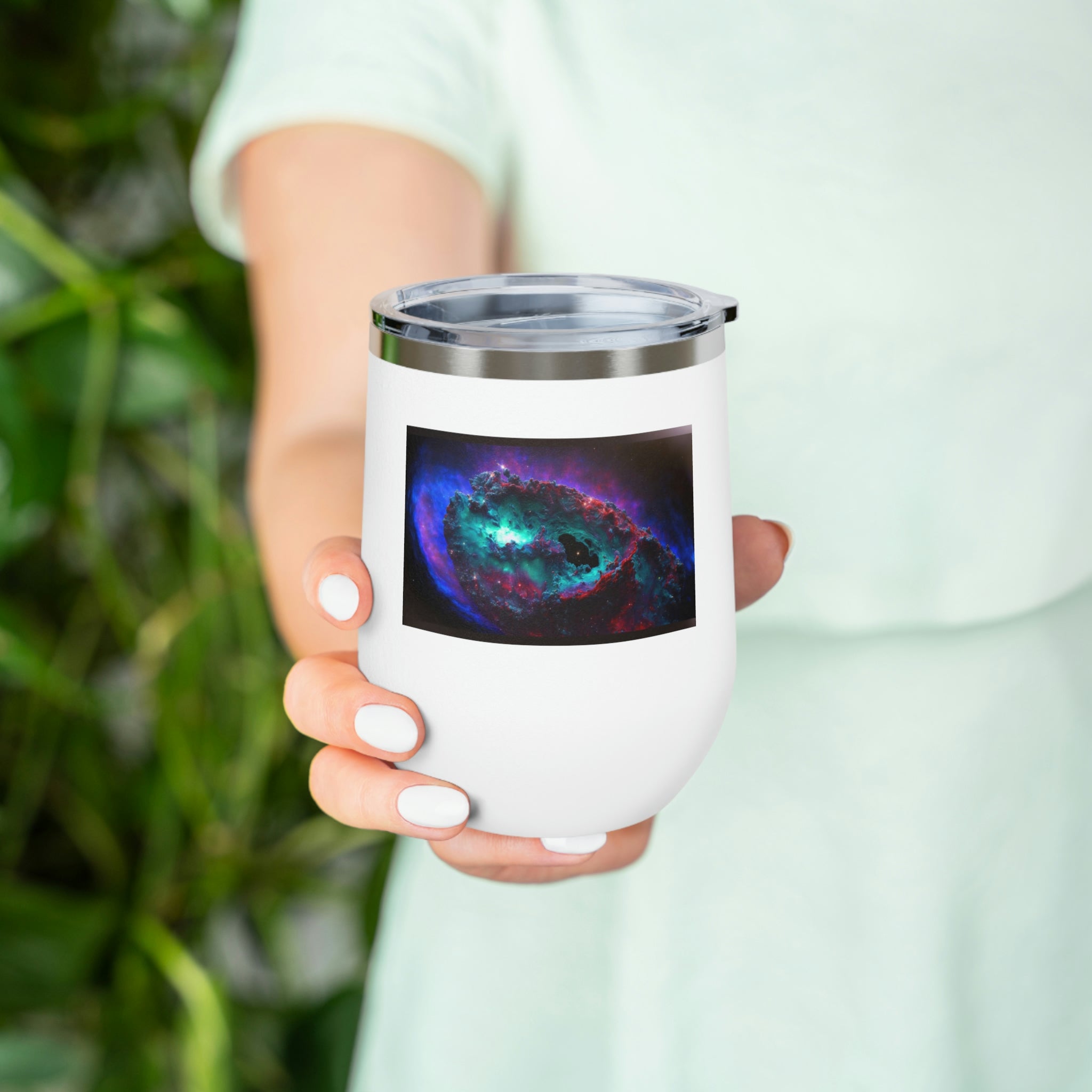 Galaxy Effects Wine Tumbler with a stunning galaxy design, featuring a clear plastic lid and double-wall insulation for hot and cold beverages.
