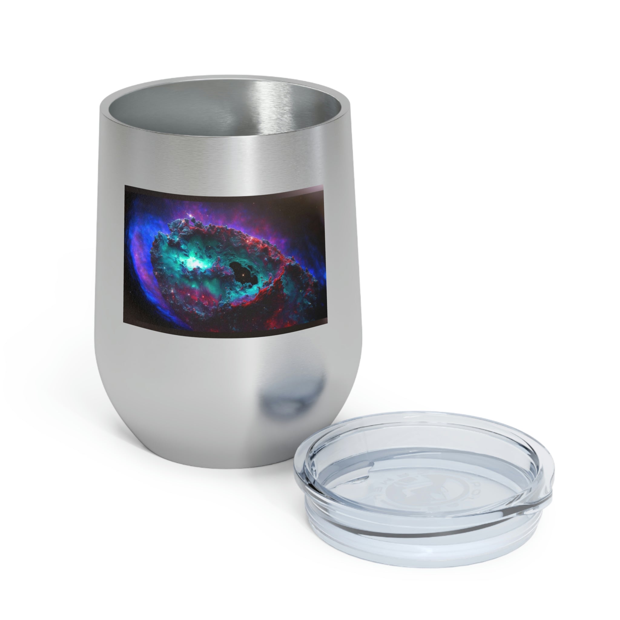 Galaxy Effects Wine Tumbler with a stunning galaxy design, featuring a clear plastic lid and double-wall insulation for hot and cold beverages.