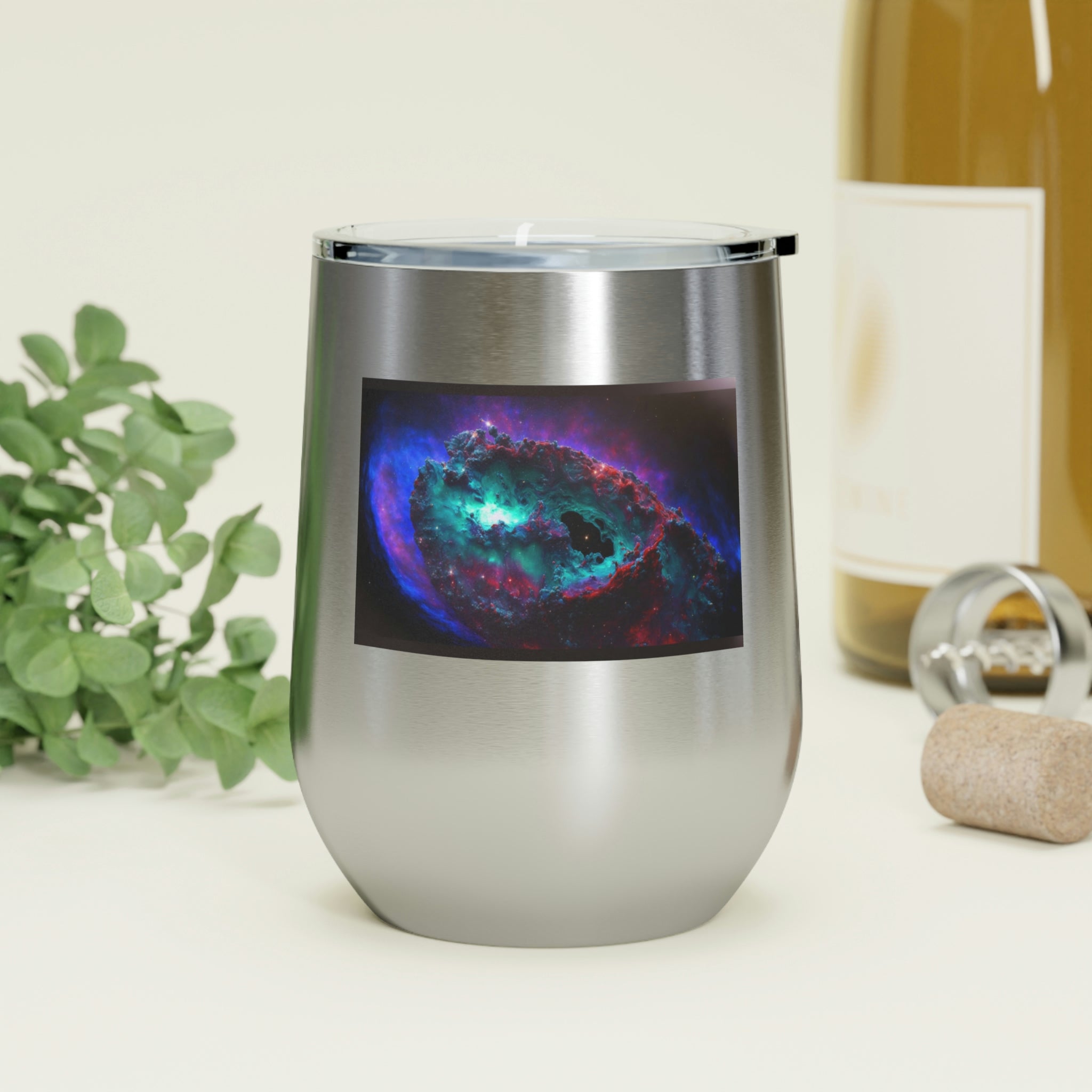 Galaxy Effects Wine Tumbler with a stunning galaxy design, featuring a clear plastic lid and double-wall insulation for hot and cold beverages.