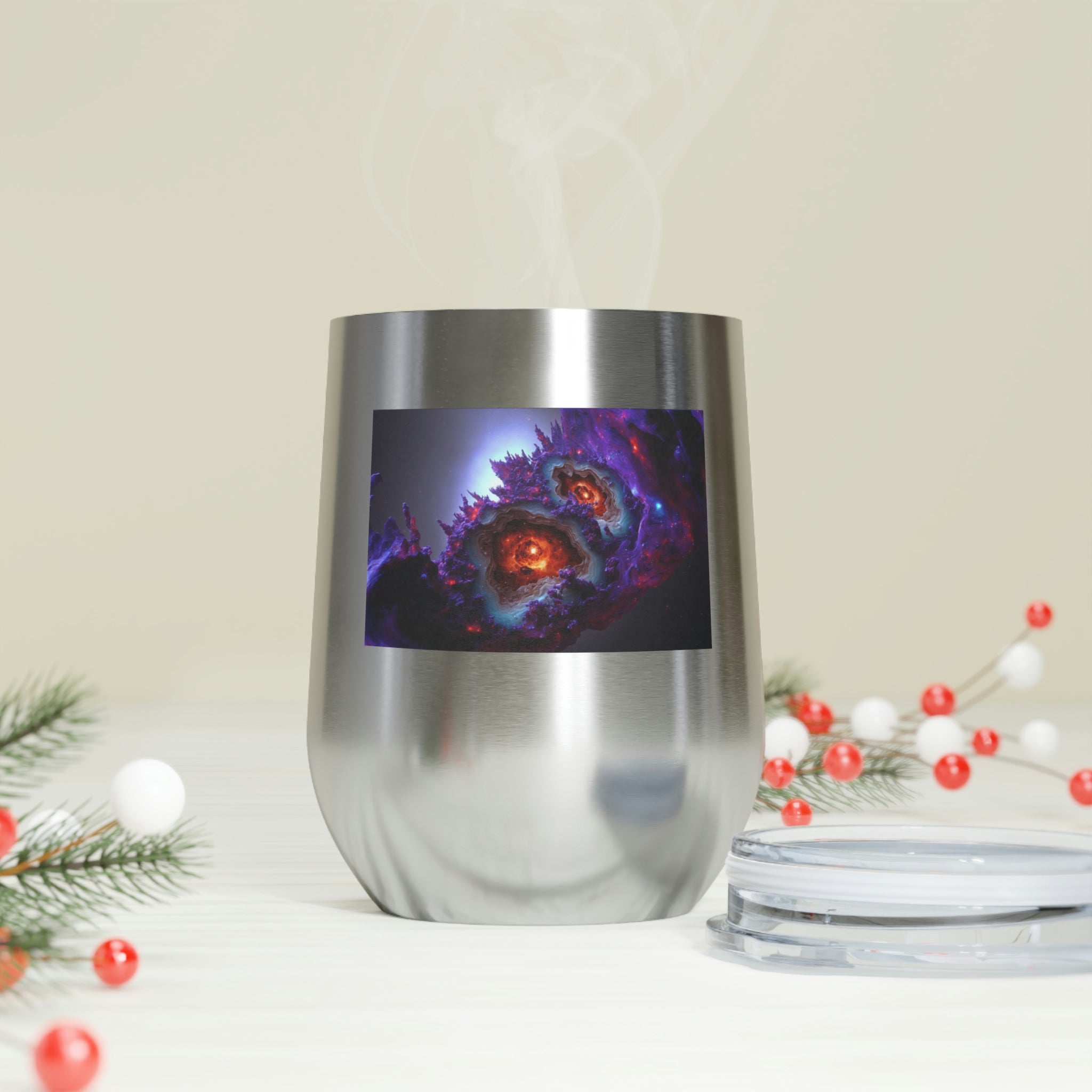 Galaxy Effects Wine Tumbler with a stunning galaxy design, featuring a clear plastic lid and double-wall insulation for hot and cold beverages.