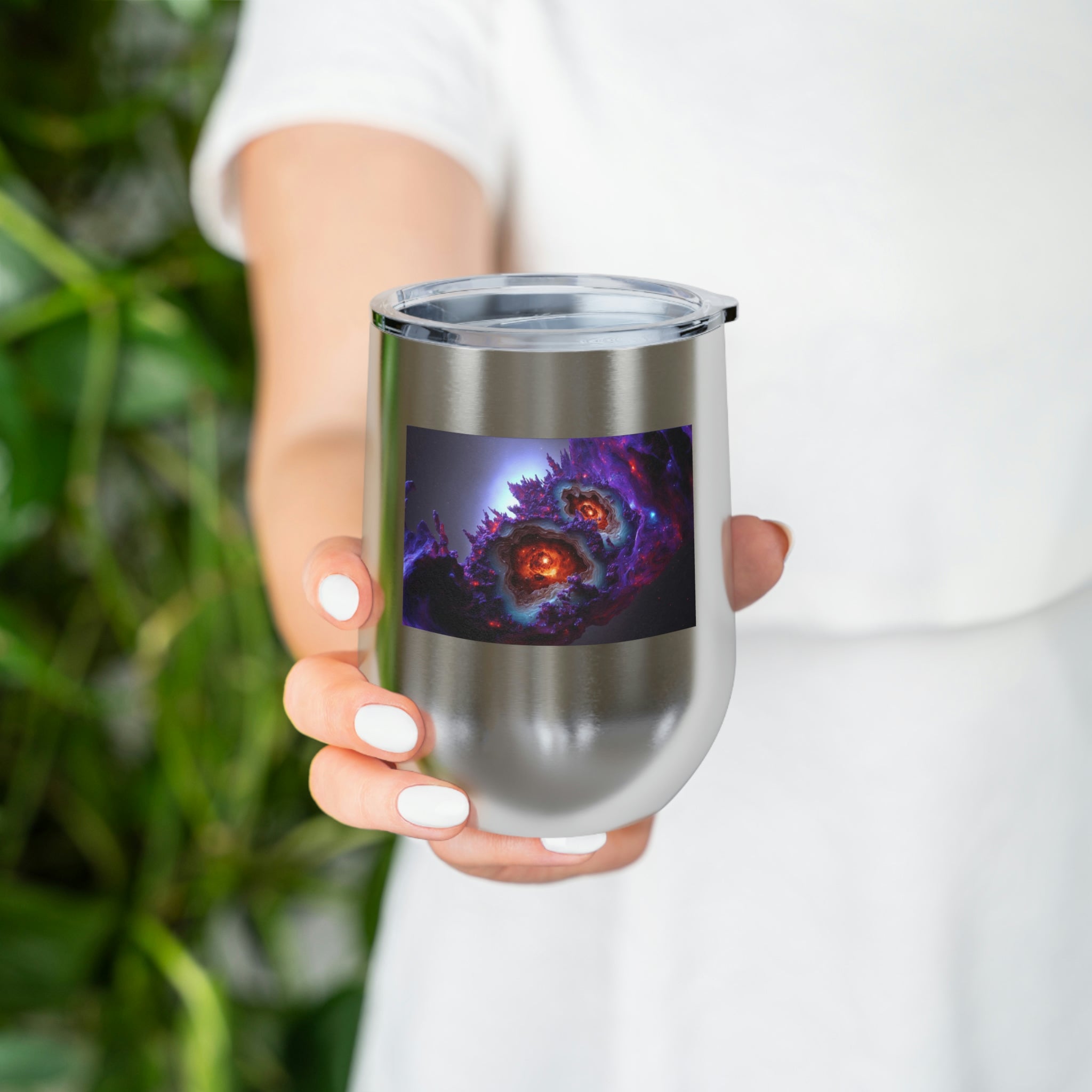 Galaxy Effects Wine Tumbler with a stunning galaxy design, featuring a clear plastic lid and double-wall insulation for hot and cold beverages.