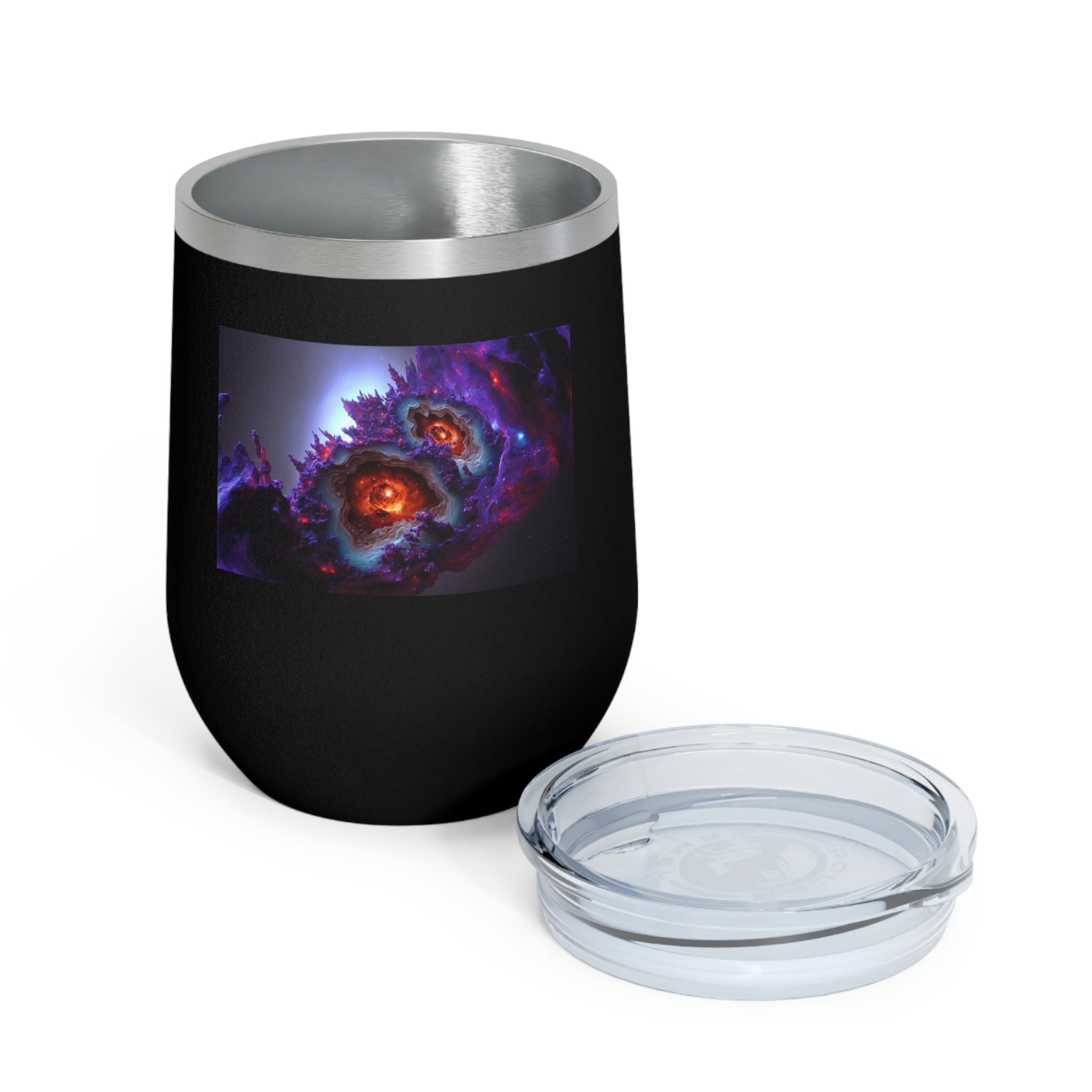 Galaxy Effects Wine Tumbler with a stunning galaxy design, featuring a clear plastic lid and double-wall insulation for hot and cold beverages.