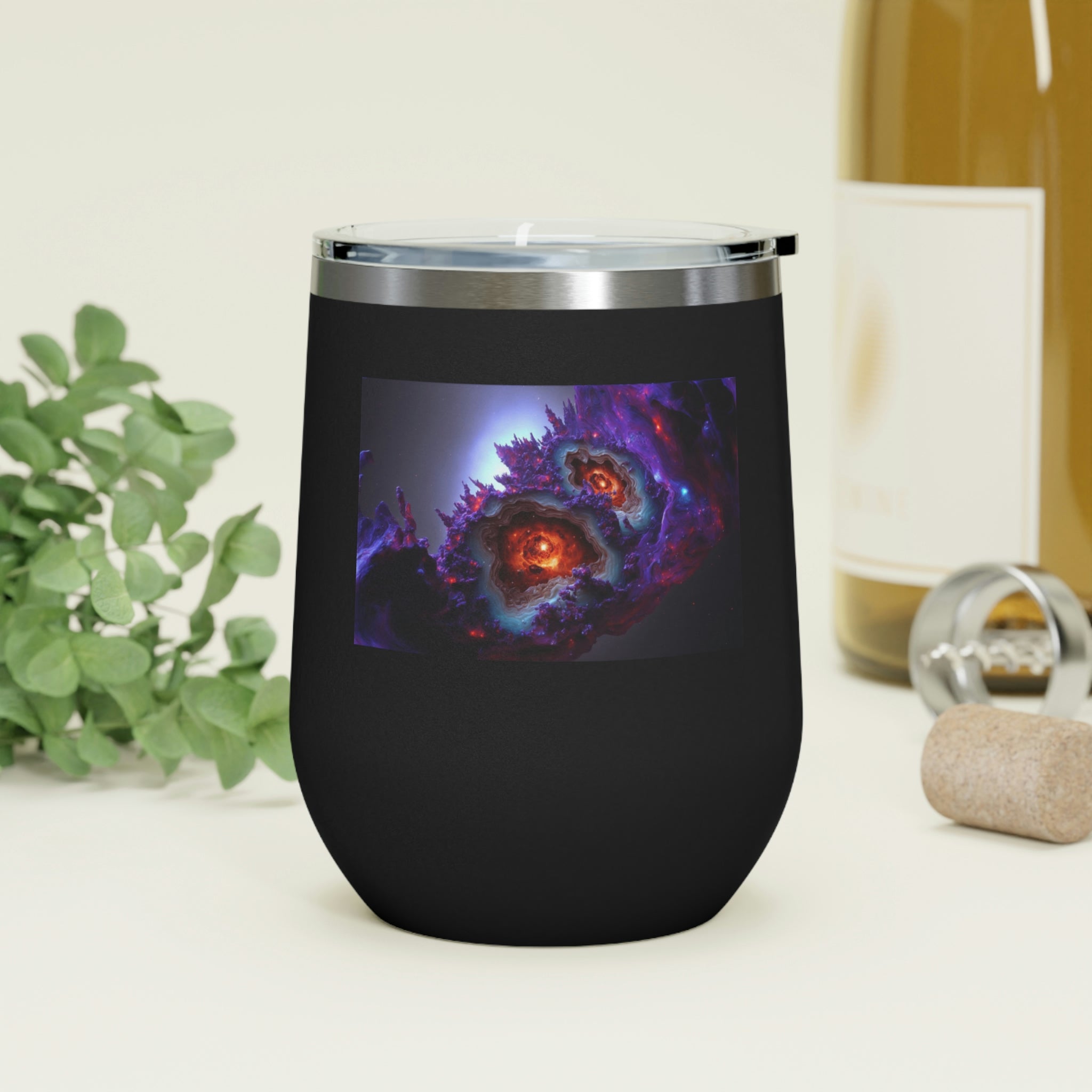 Galaxy Effects Wine Tumbler with a stunning galaxy design, featuring a clear plastic lid and double-wall insulation for hot and cold beverages.