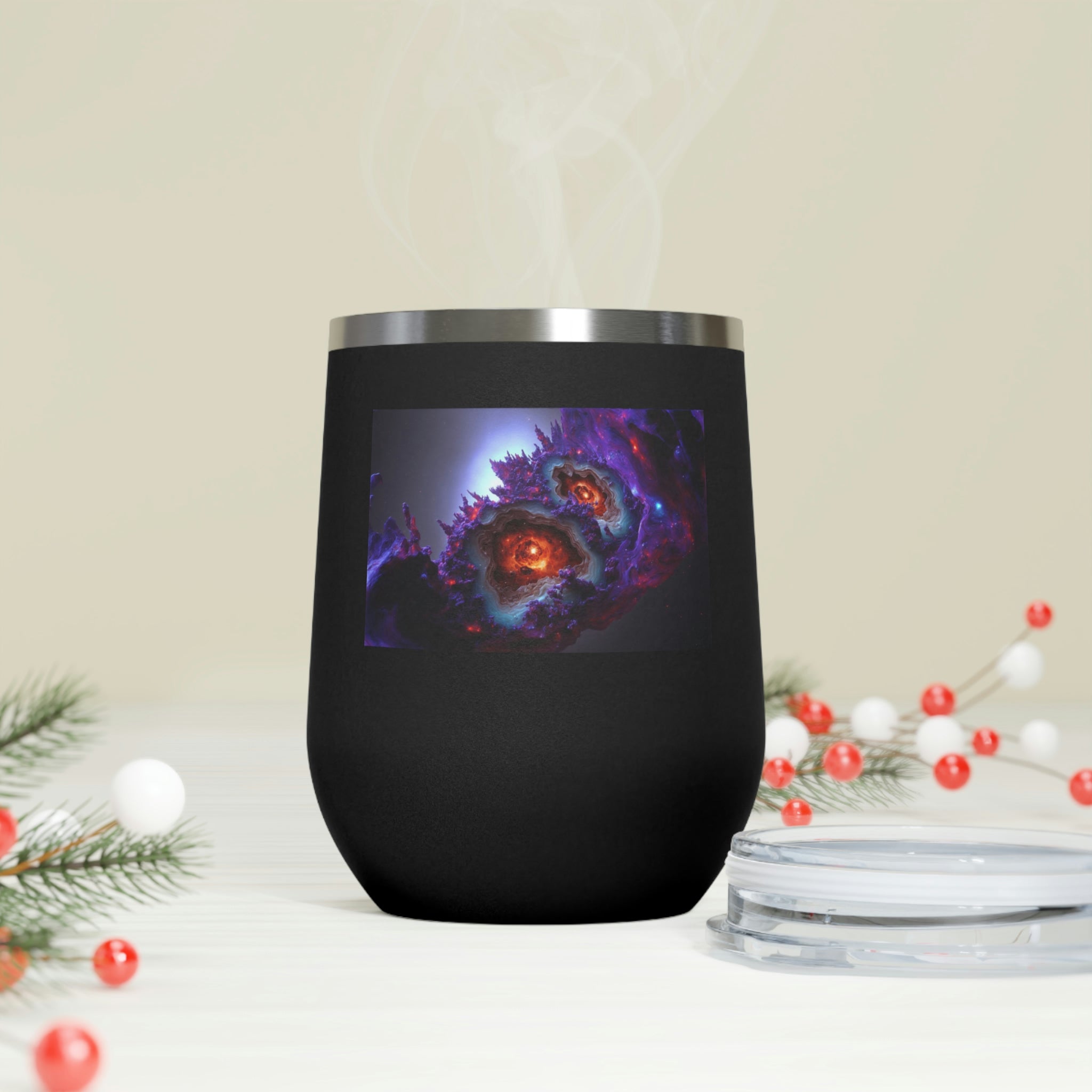 Galaxy Effects Wine Tumbler with a stunning galaxy design, featuring a clear plastic lid and double-wall insulation for hot and cold beverages.