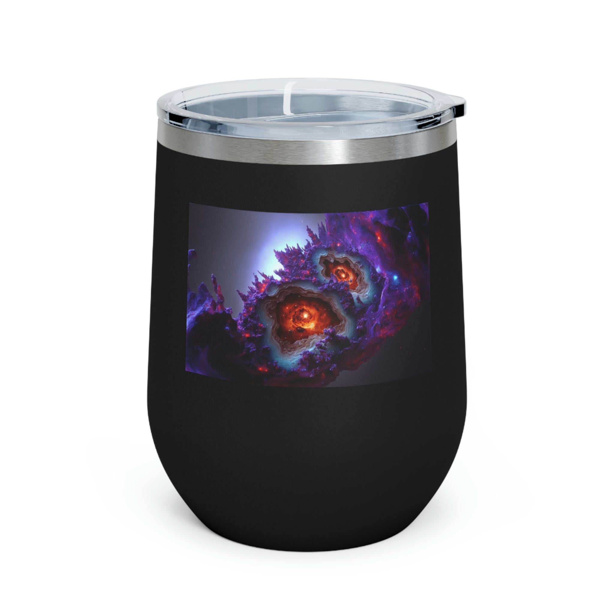 Galaxy Effects Wine Tumbler with a stunning galaxy design, featuring a clear plastic lid and double-wall insulation for hot and cold beverages.