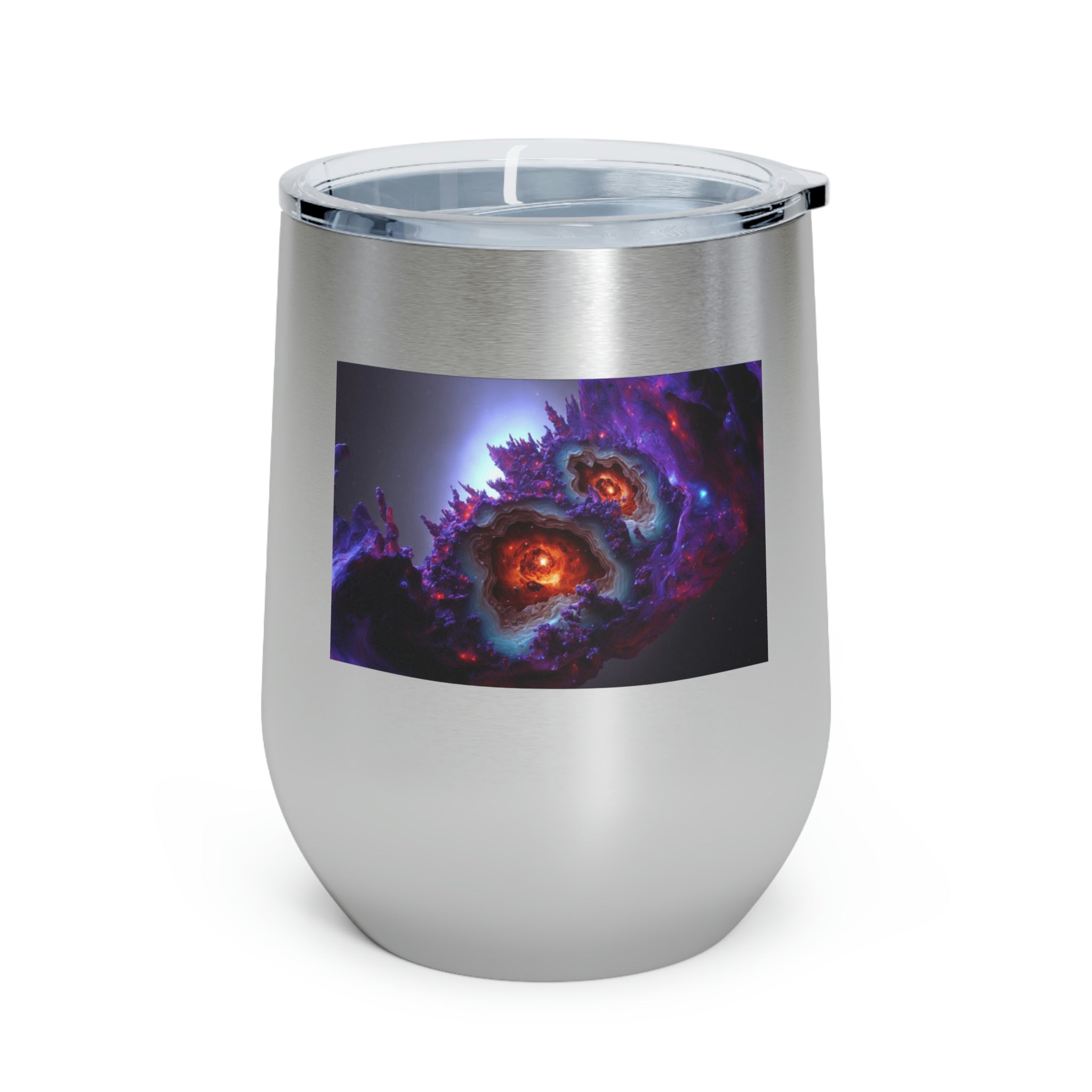 Galaxy Effects Wine Tumbler with a stunning galaxy design, featuring a clear plastic lid and double-wall insulation for hot and cold beverages.