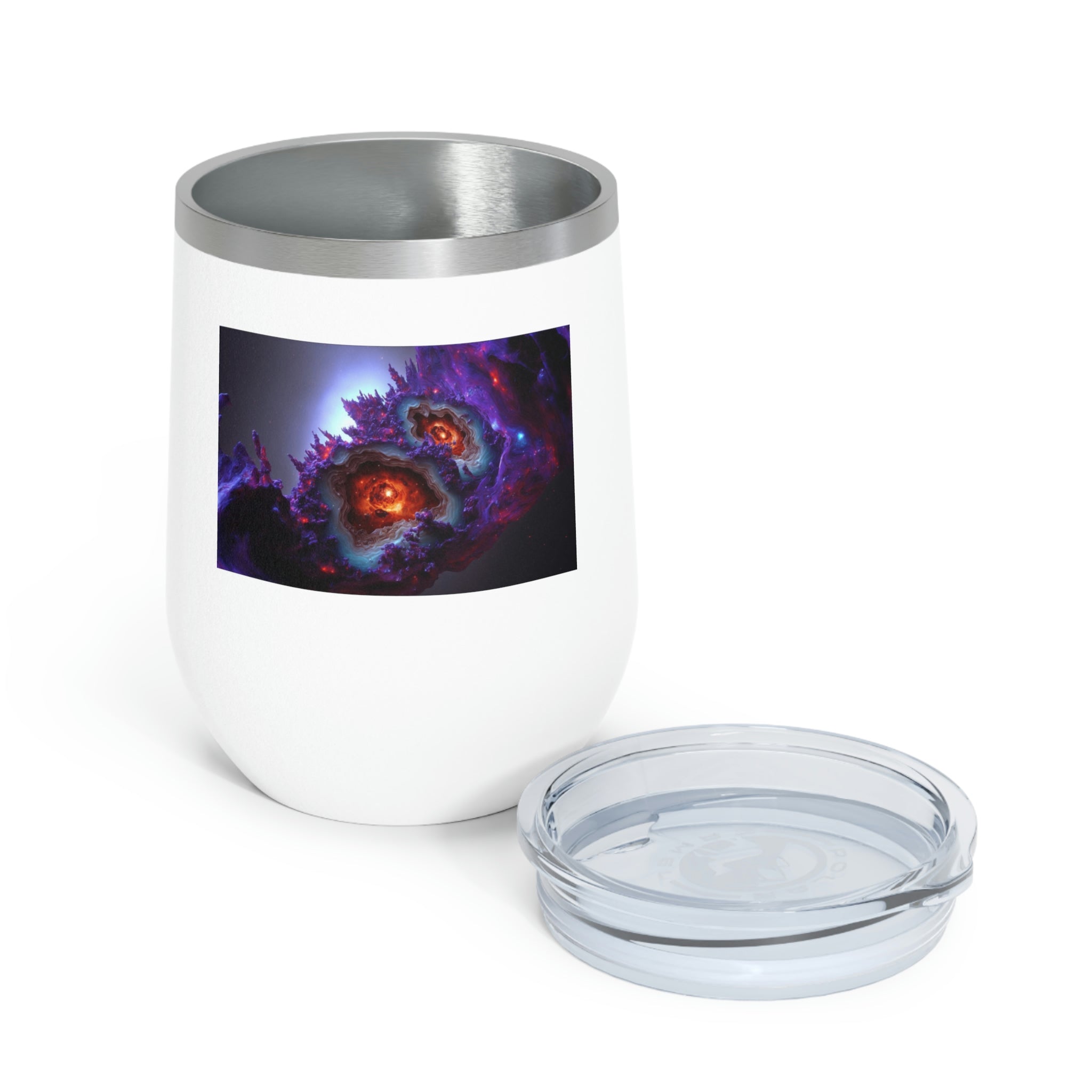 Galaxy Effects Wine Tumbler with a stunning galaxy design, featuring a clear plastic lid and double-wall insulation for hot and cold beverages.