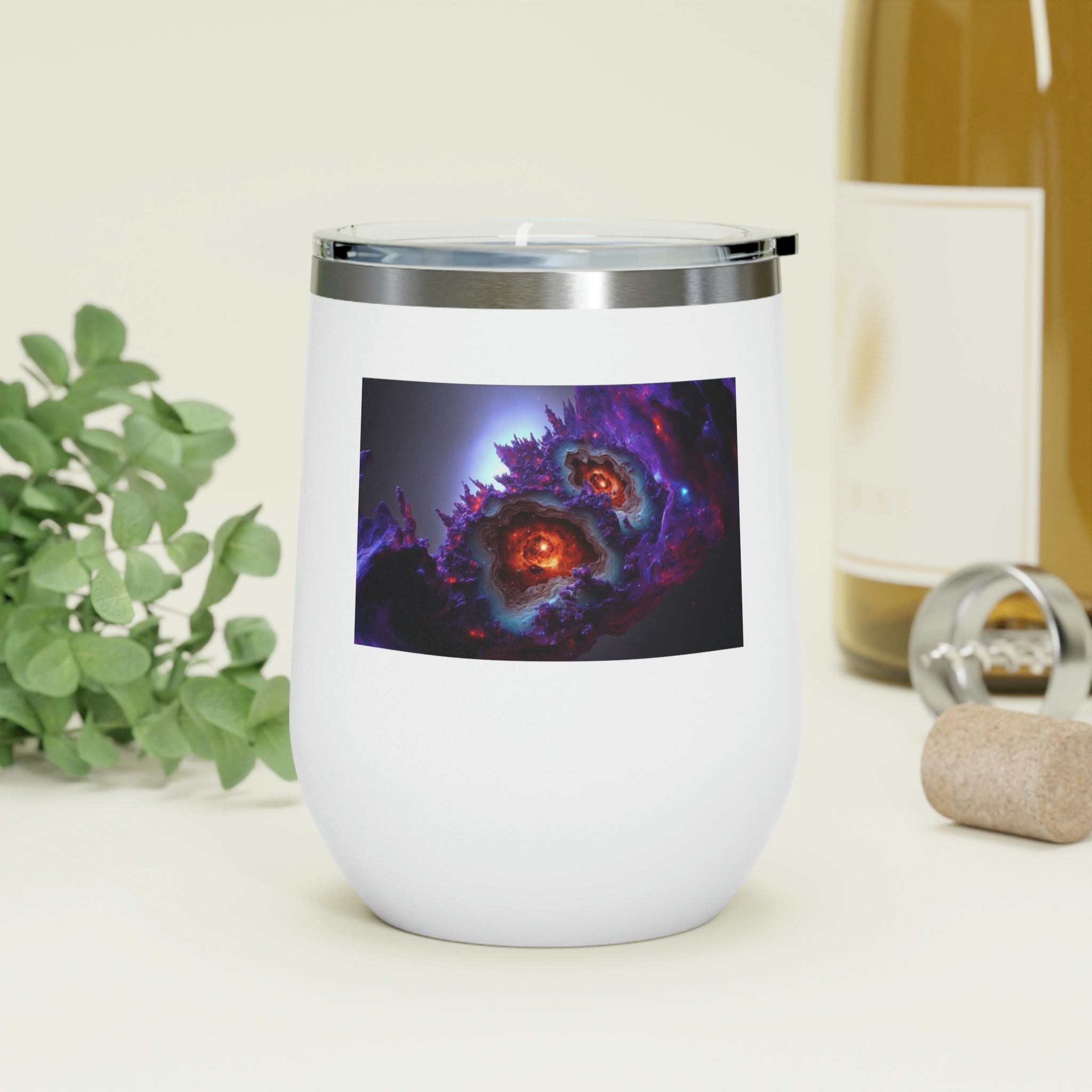 Galaxy Effects Wine Tumbler with a stunning galaxy design, featuring a clear plastic lid and double-wall insulation for hot and cold beverages.