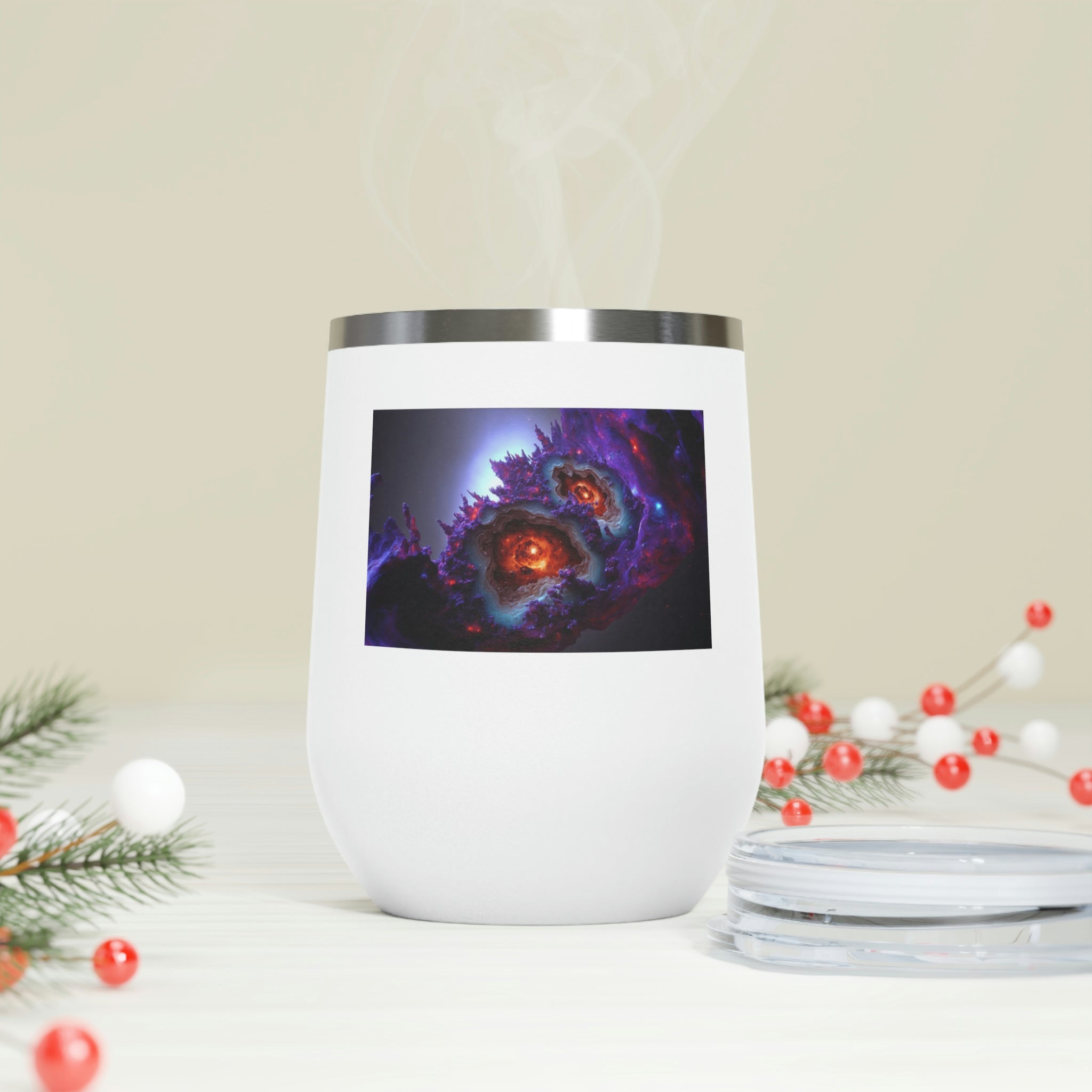 Galaxy Effects Wine Tumbler with a stunning galaxy design, featuring a clear plastic lid and double-wall insulation for hot and cold beverages.