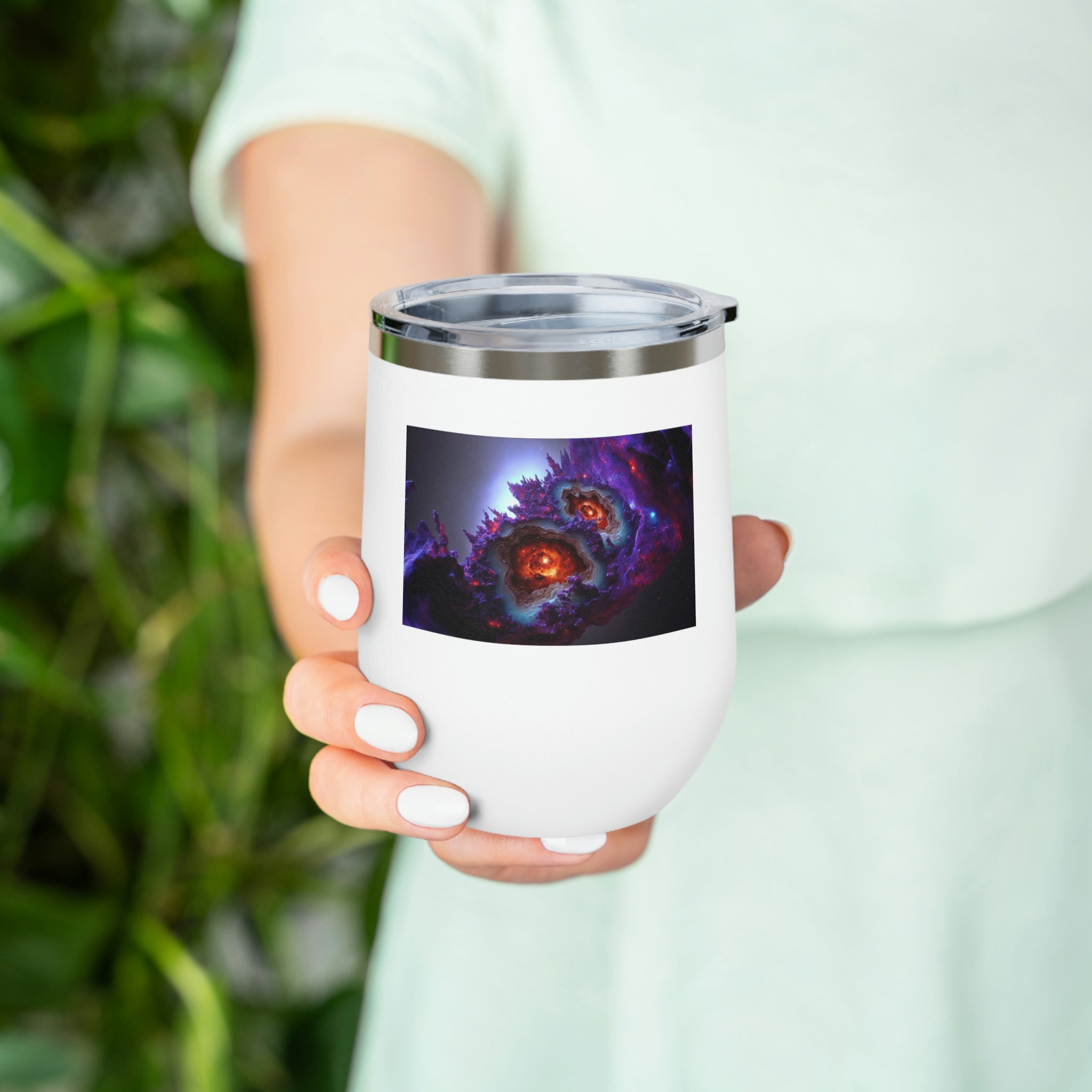 Galaxy Effects Wine Tumbler with a stunning galaxy design, featuring a clear plastic lid and double-wall insulation for hot and cold beverages.