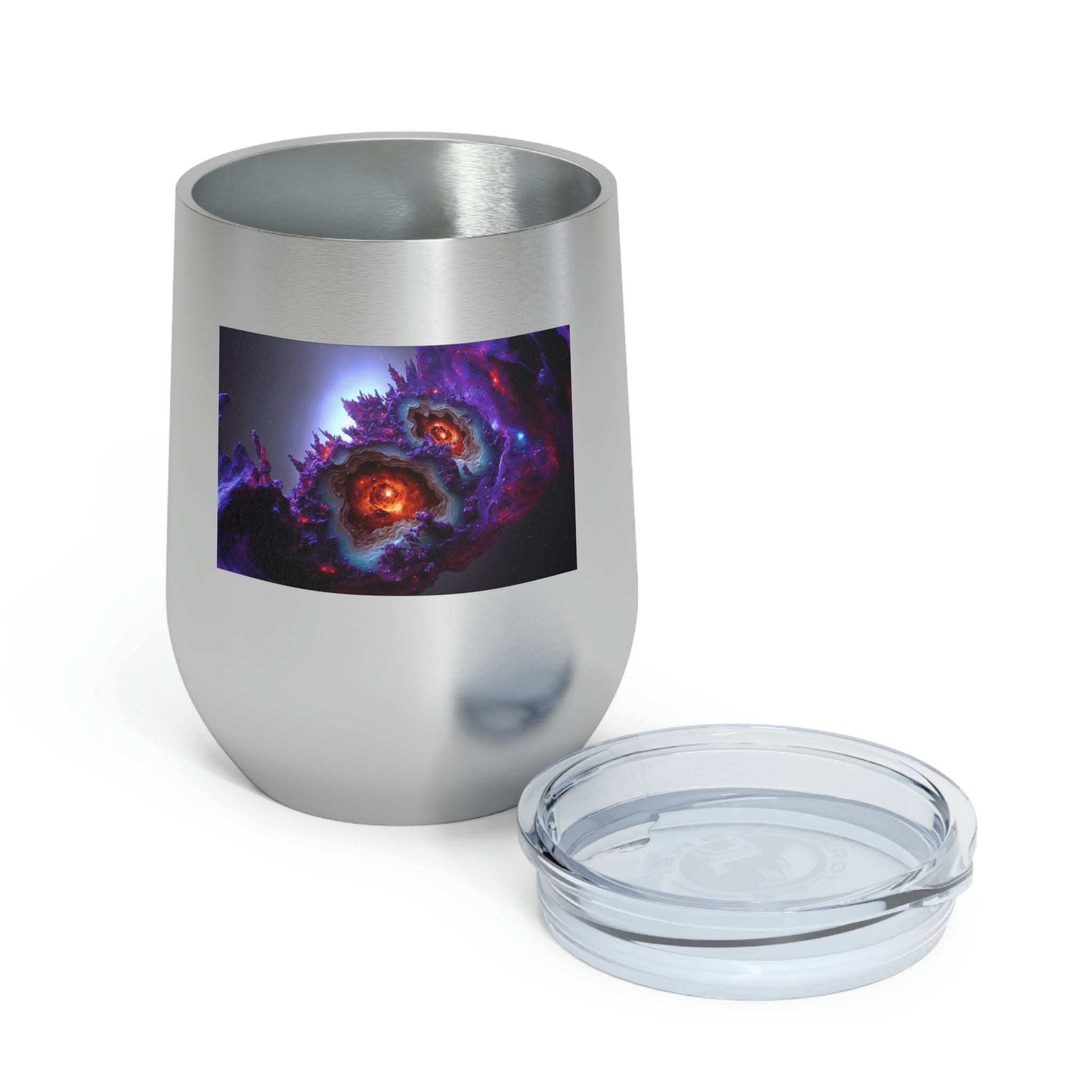Galaxy Effects Wine Tumbler with a stunning galaxy design, featuring a clear plastic lid and double-wall insulation for hot and cold beverages.