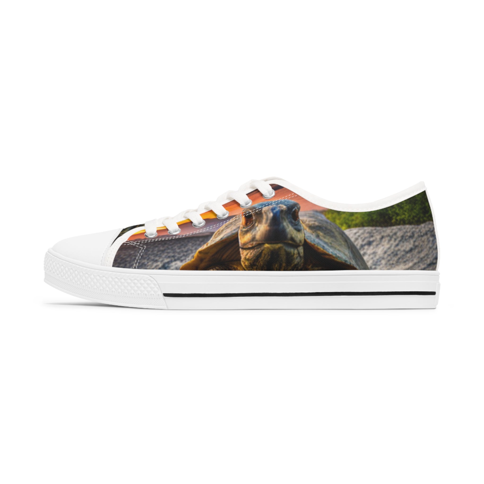 Galápagos Tortoise Women's Low Top Sneakers featuring breathable canvas, memory foam insoles, and customizable designs in black and white.