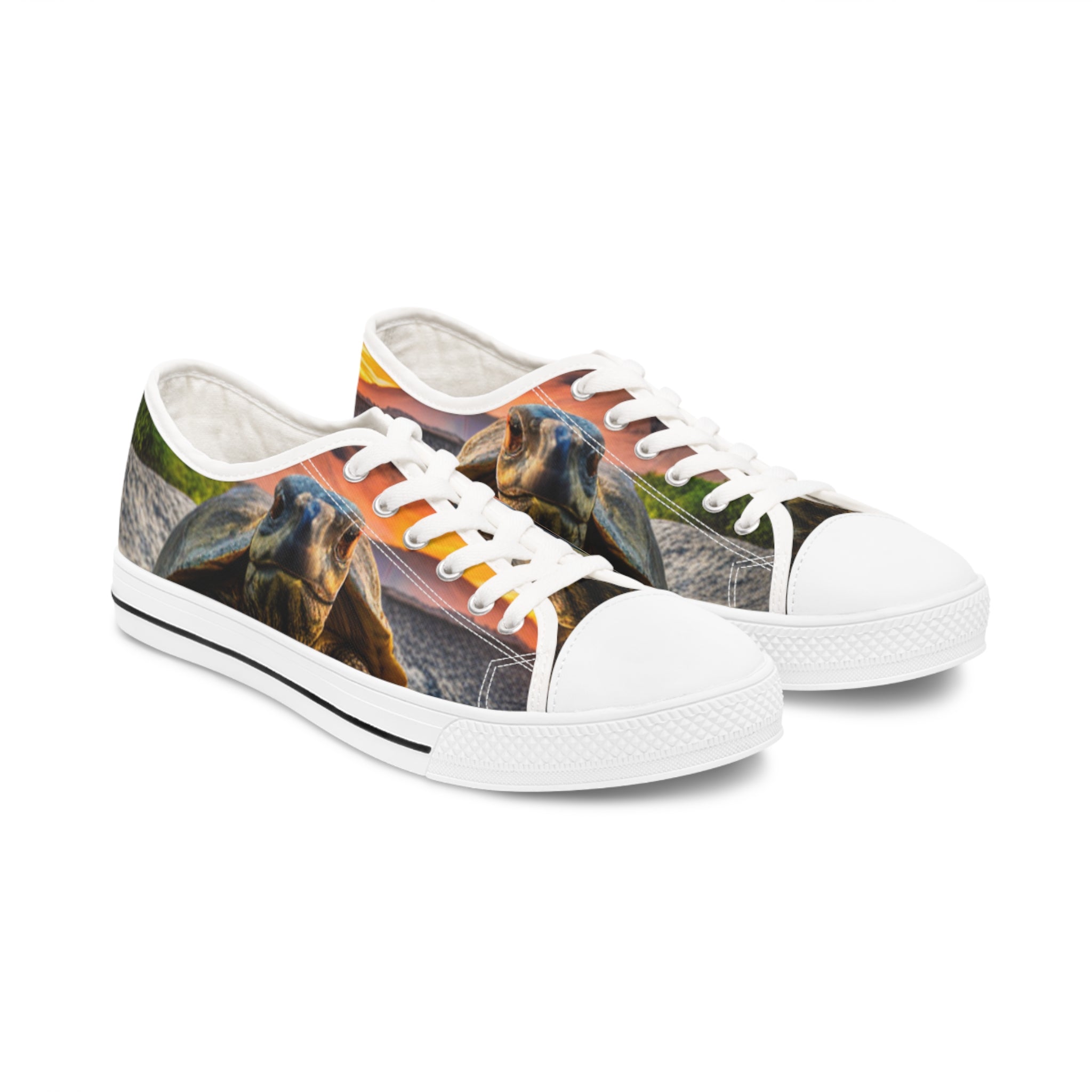 Galápagos Tortoise Women's Low Top Sneakers featuring breathable canvas, memory foam insoles, and customizable designs in black and white.