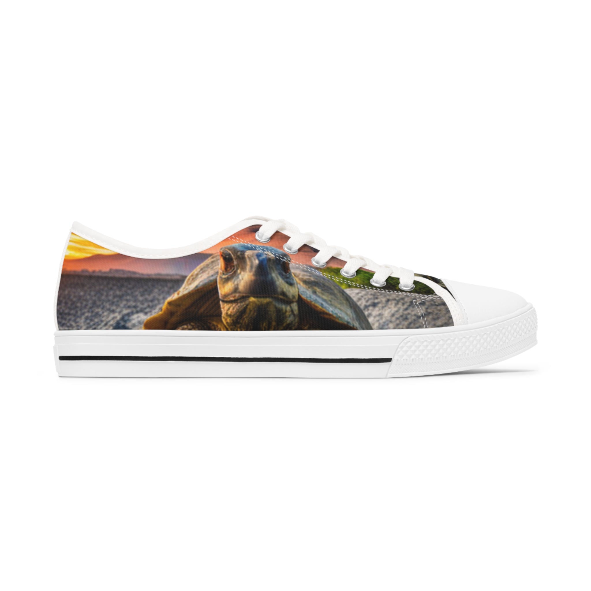Galápagos Tortoise Women's Low Top Sneakers featuring breathable canvas, memory foam insoles, and customizable designs in black and white.
