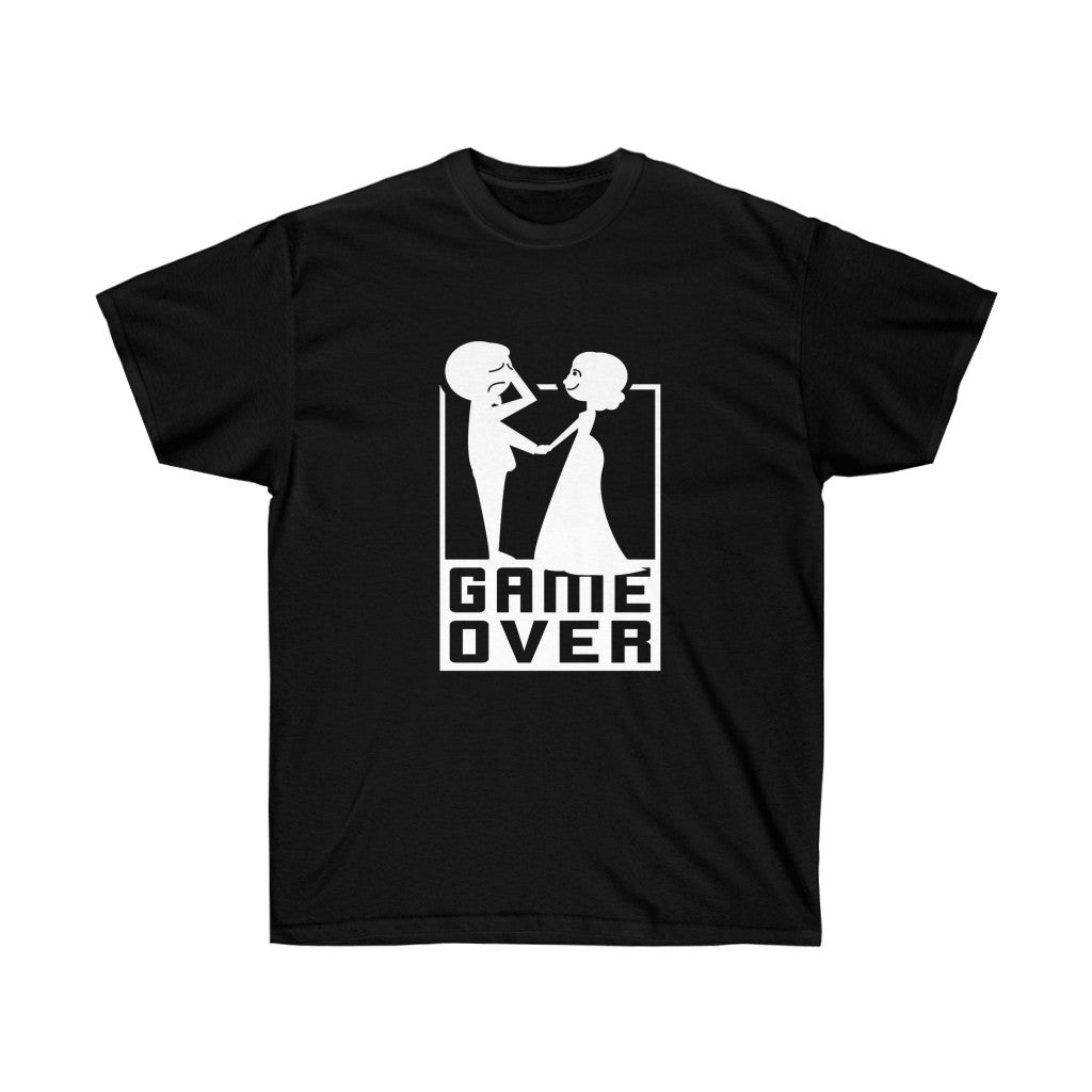 Game Over with Marriage Graphic T-Shirt featuring a humorous design, perfect for casual wear.